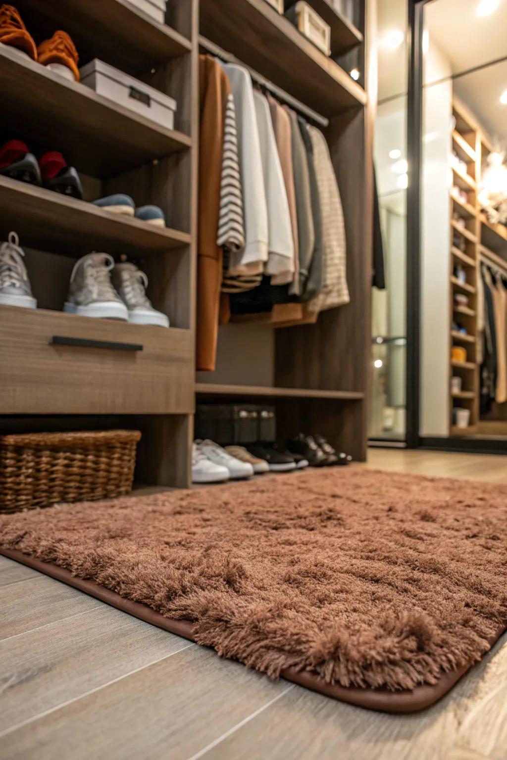 Introduce warmth and comfort using a comfortable rug in your closet.