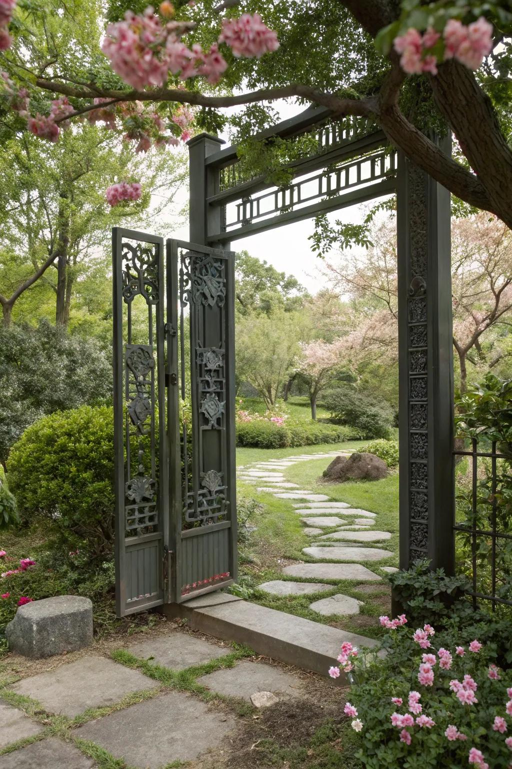 An Asian-inspired iron entryway offering peace and elegance.