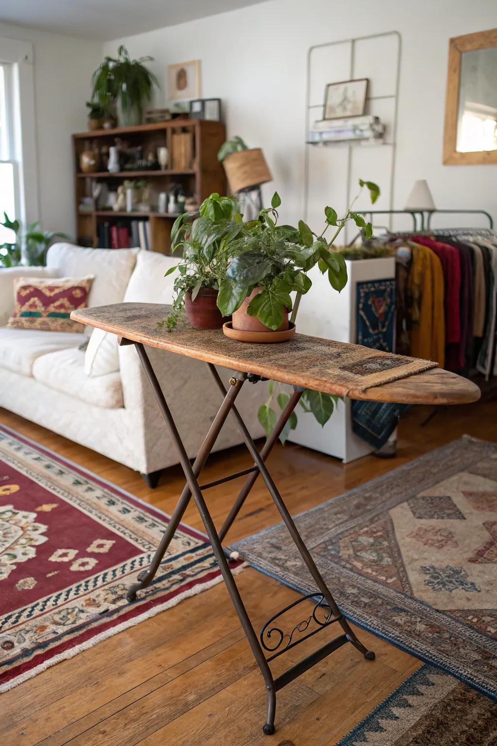 A vintage ironing surface creatively repurposed as a plant stand.