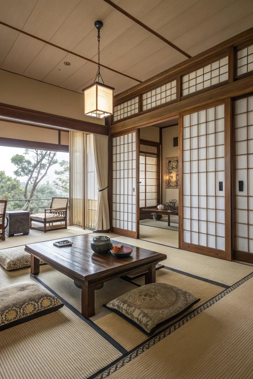 Gliding panels enhance functionality and flair in this Japanese living room.