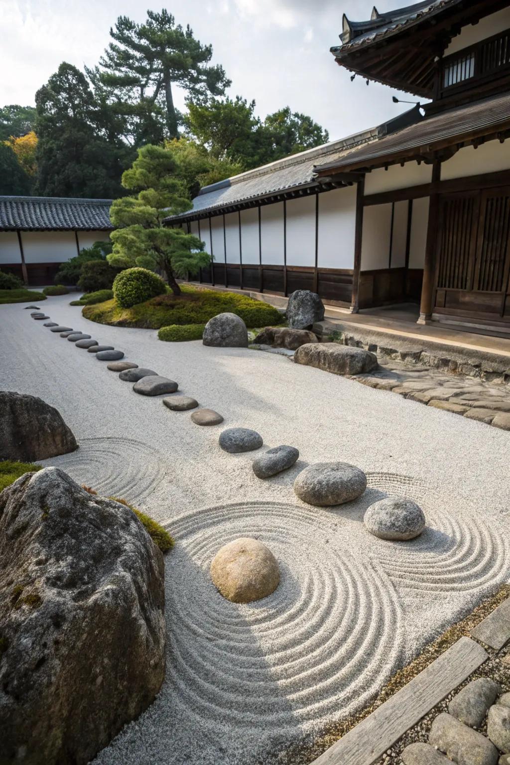 A karesansui rock garden featuring thoughtfully arranged stones.