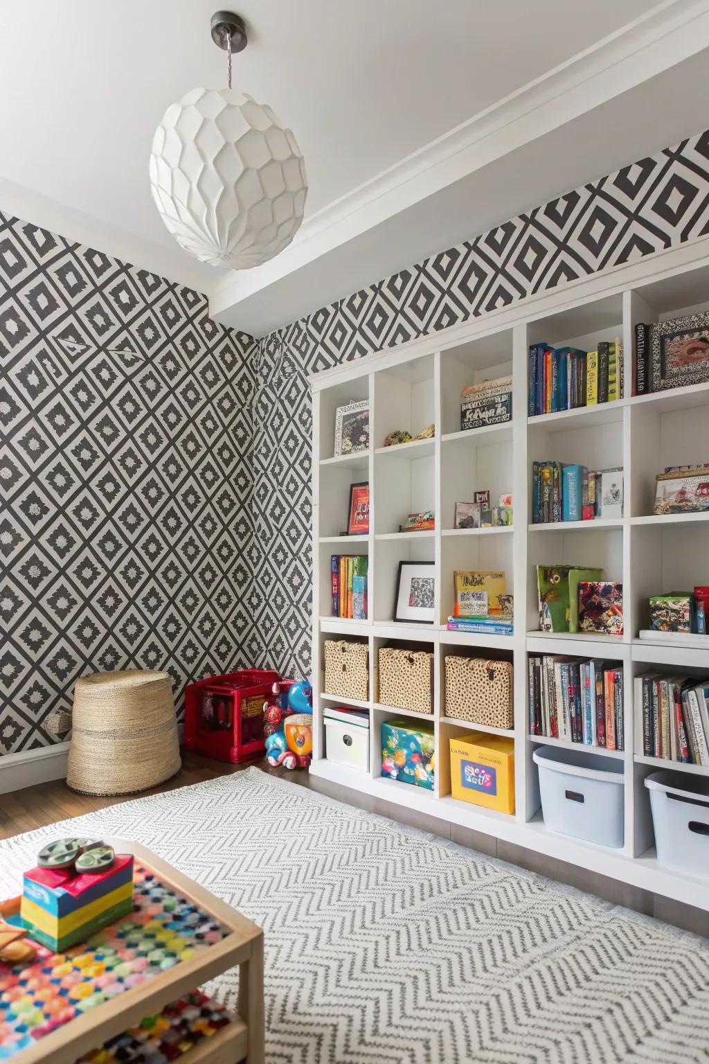 A playroom displays black and white monochrome wallpaper, striking and versatile.