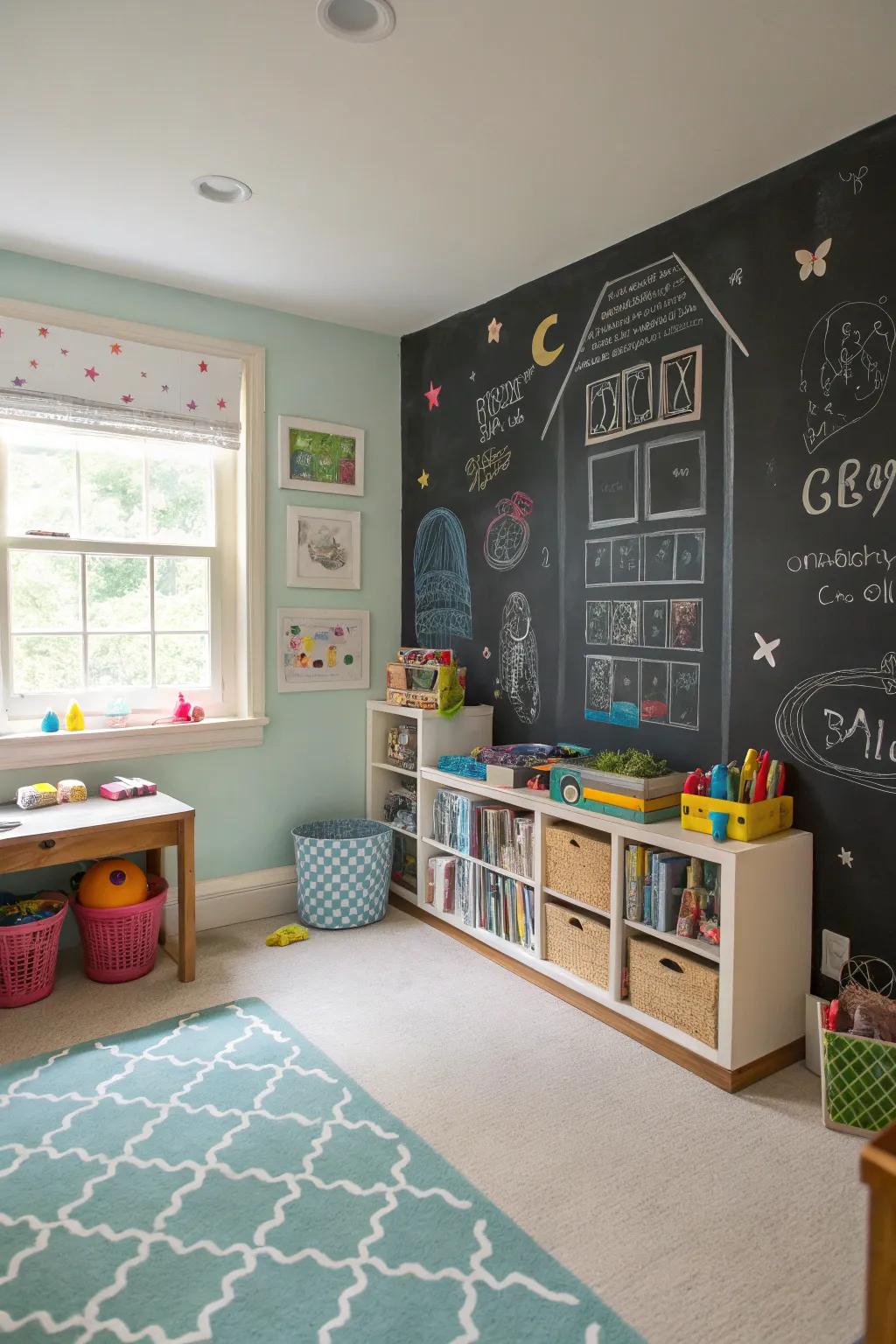 Slate walls encourage creativity and interactive play.