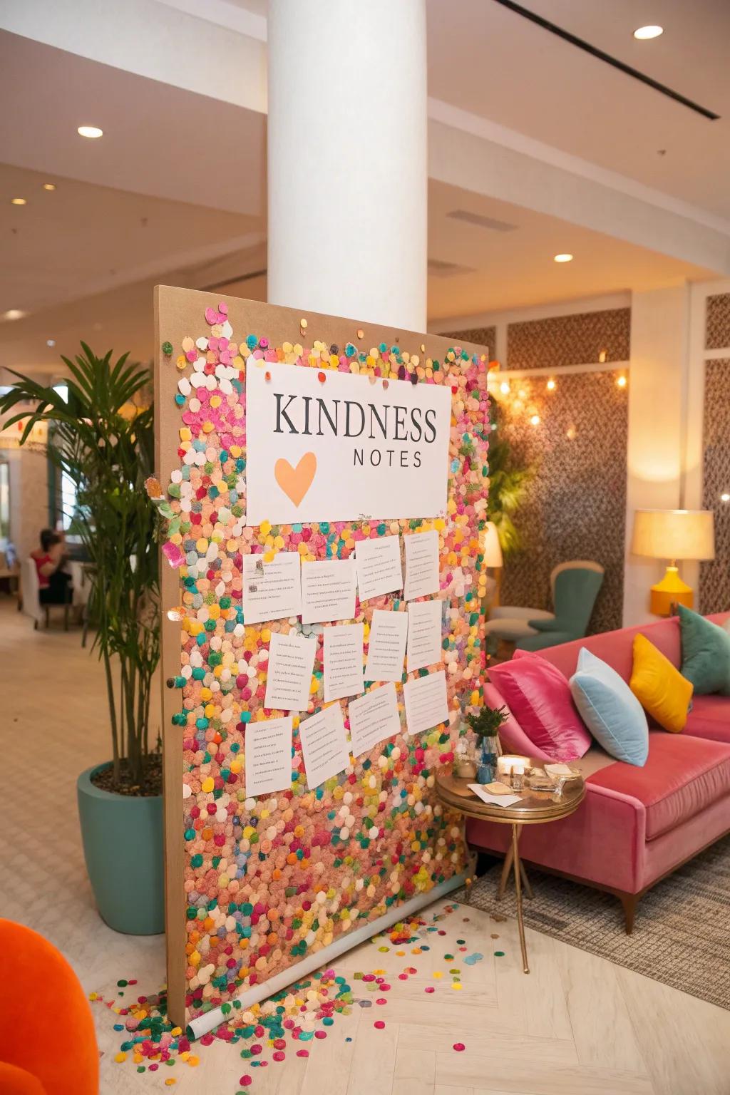 A vibrant living area kindness ribbons board with colorful pieces and kind messages.