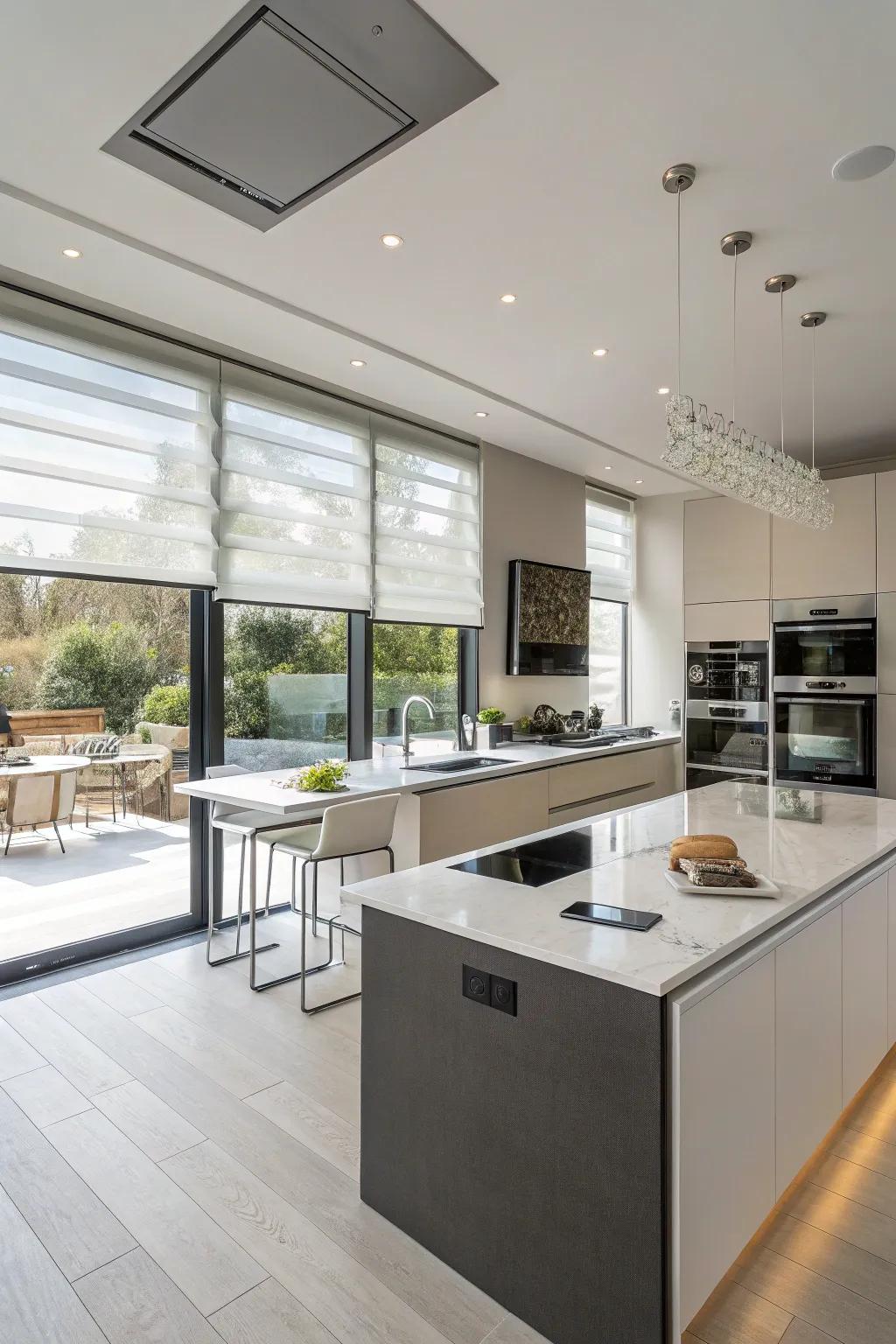 High-tech kitchen with smart blinds