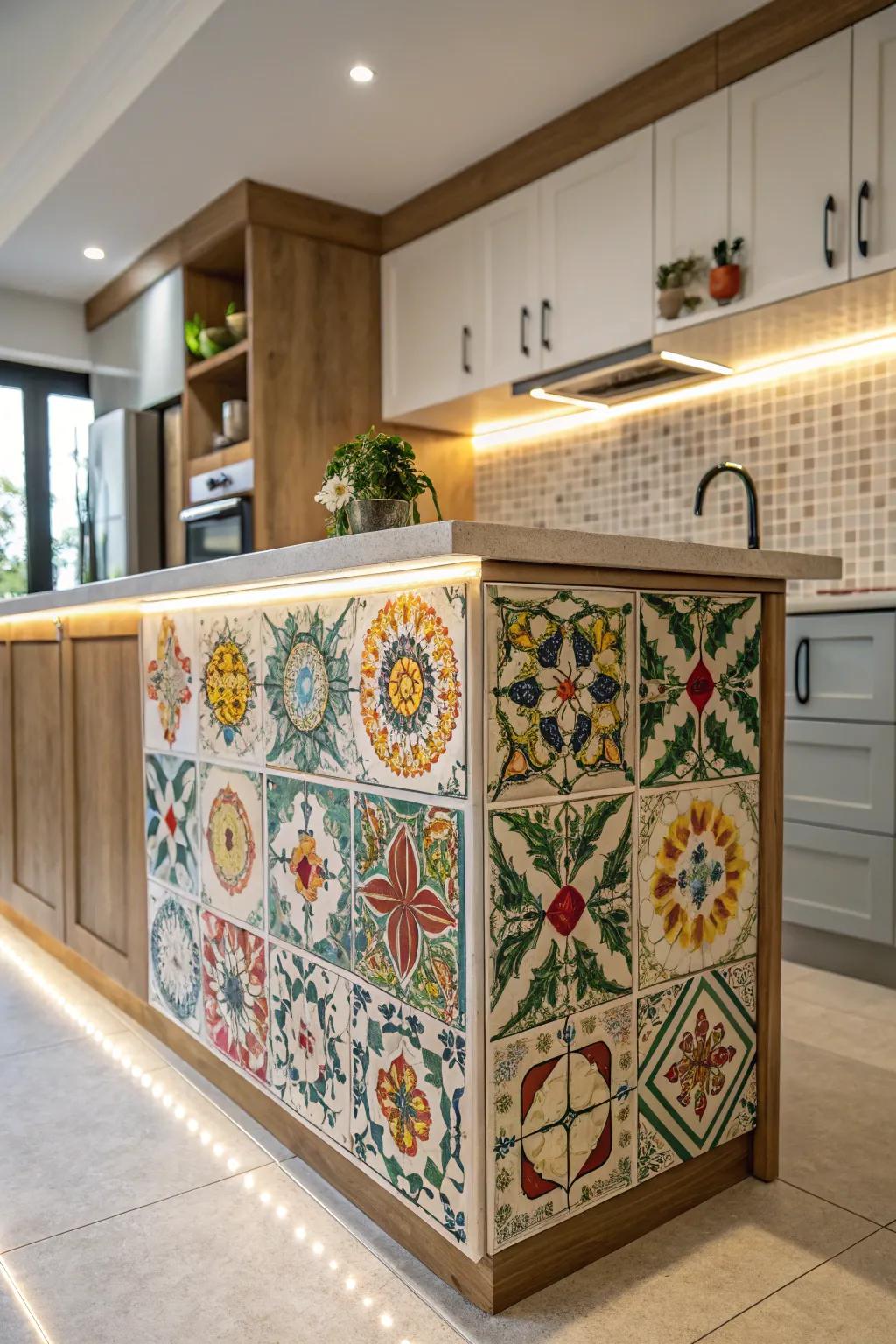 Artistic squares append color and persona to this cooking area focal point, fashioning an eye-catching center of attention.