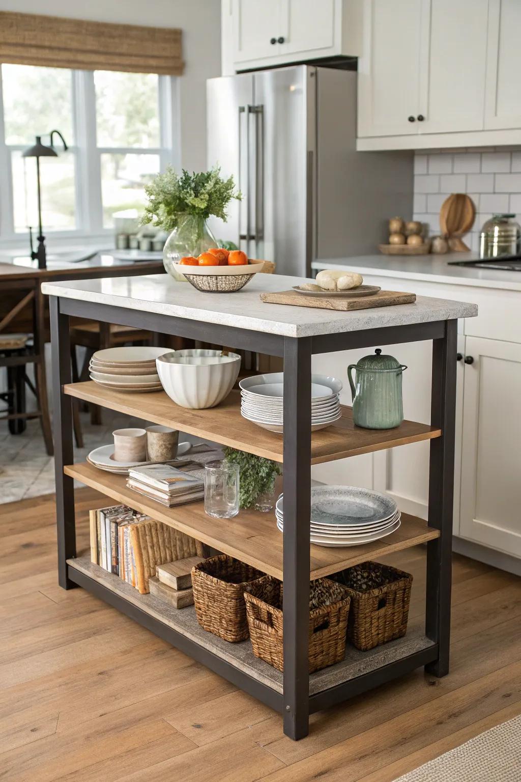 Open shelving enriches a culinary workspace with functionality and style.