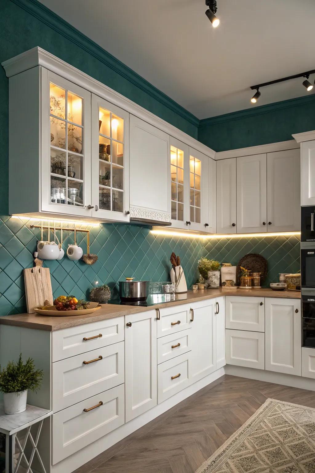 Moody teal walls provide a bold and dramatic contrast.
