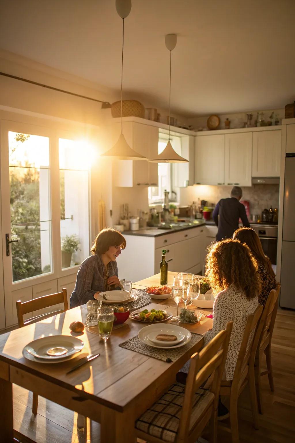 A cooking space showcasing a dining receptacle integration, thereby fostering social engagement.