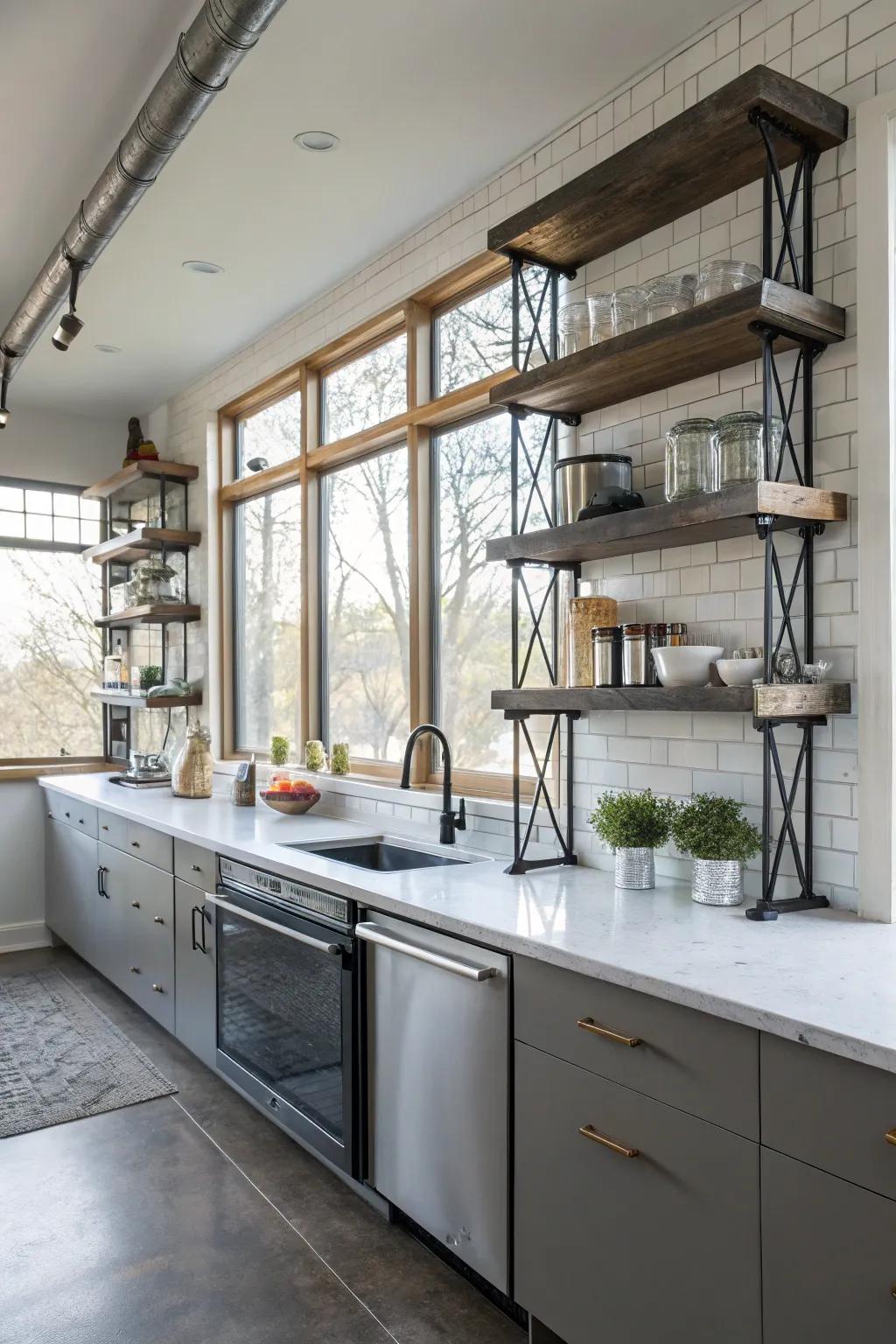 Industrial-style metal stays inject an edgy touch to kitchen shelves.
