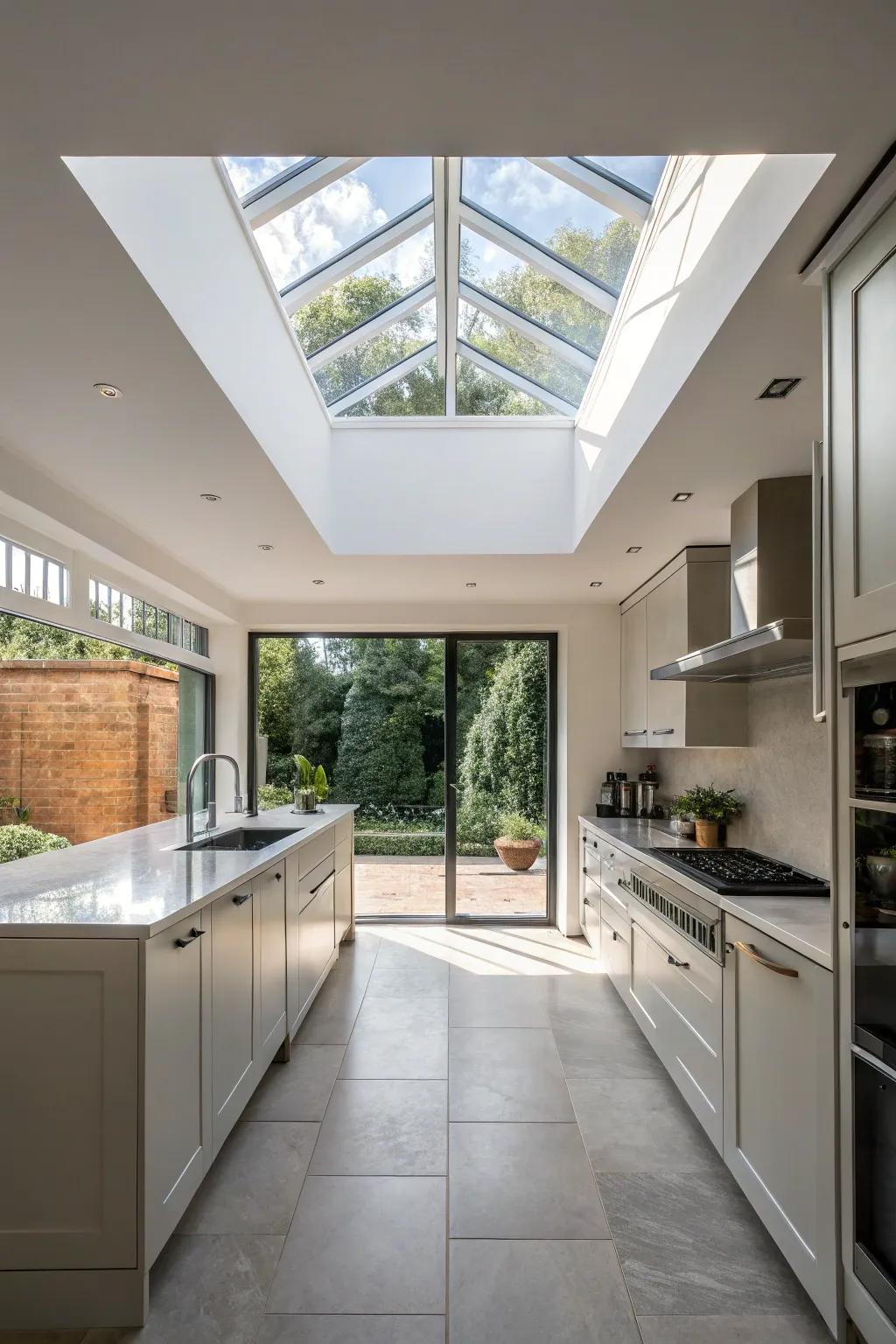 An atrium light acts as a striking design element within this kitchen.