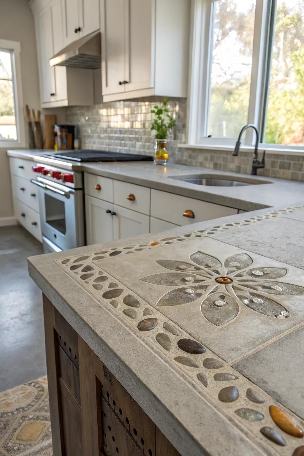 A kitchen with concrete worktops accented by unique stone inlays.
