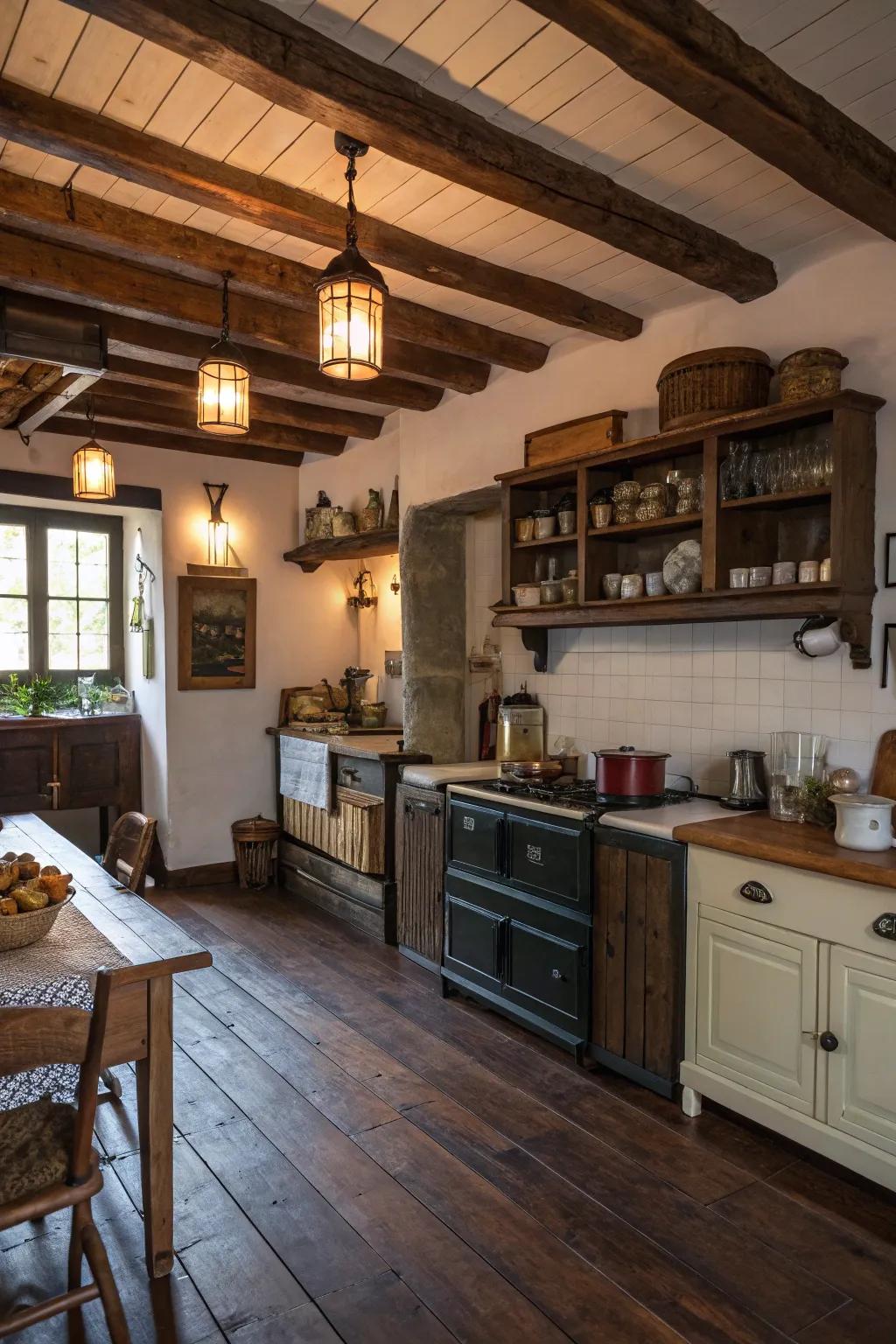 Classic accents add rustic charm to this kitchen fitted with deep floors.