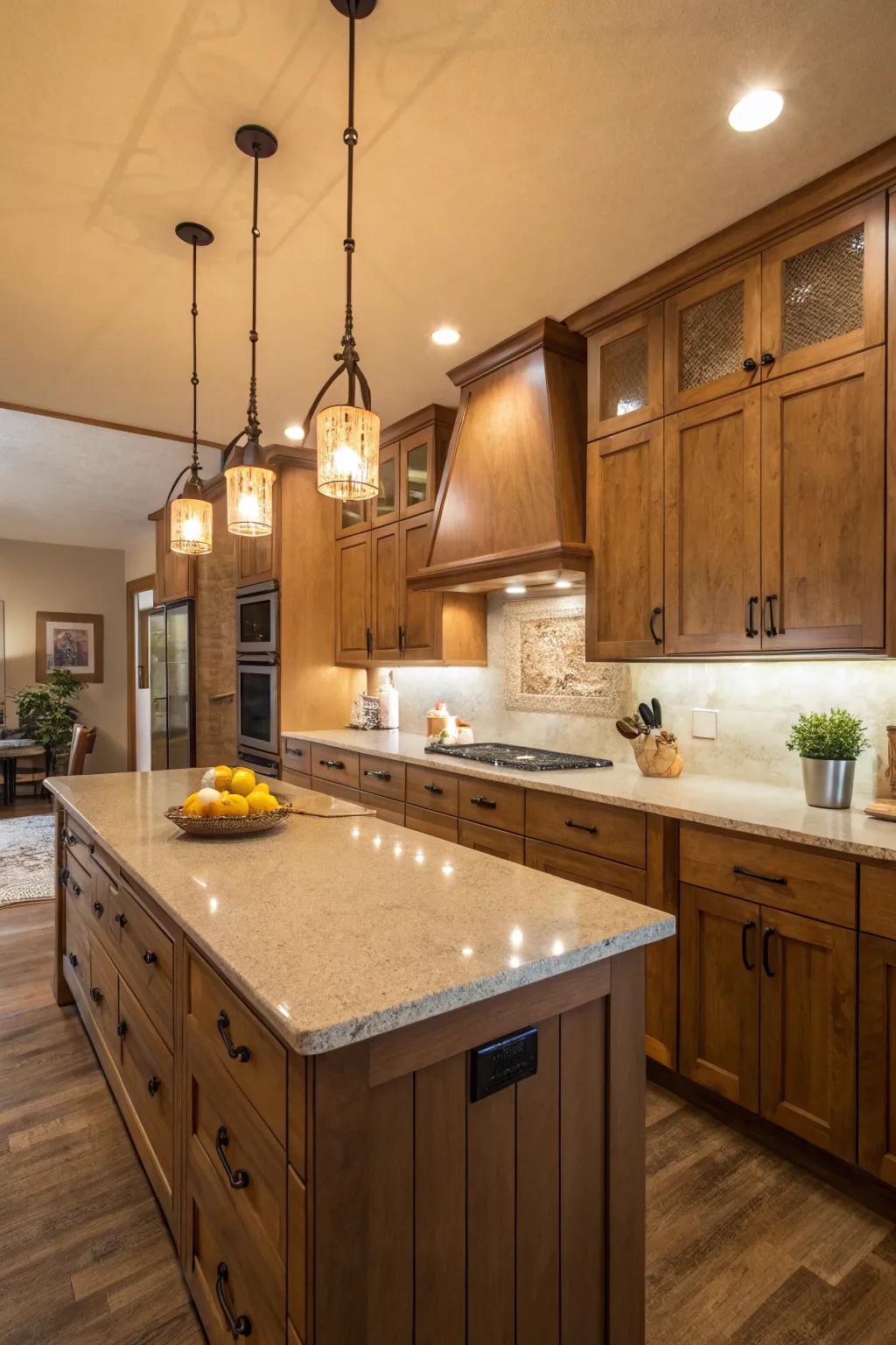 Warm-toned quartz worktops creating a cozy ambiance.