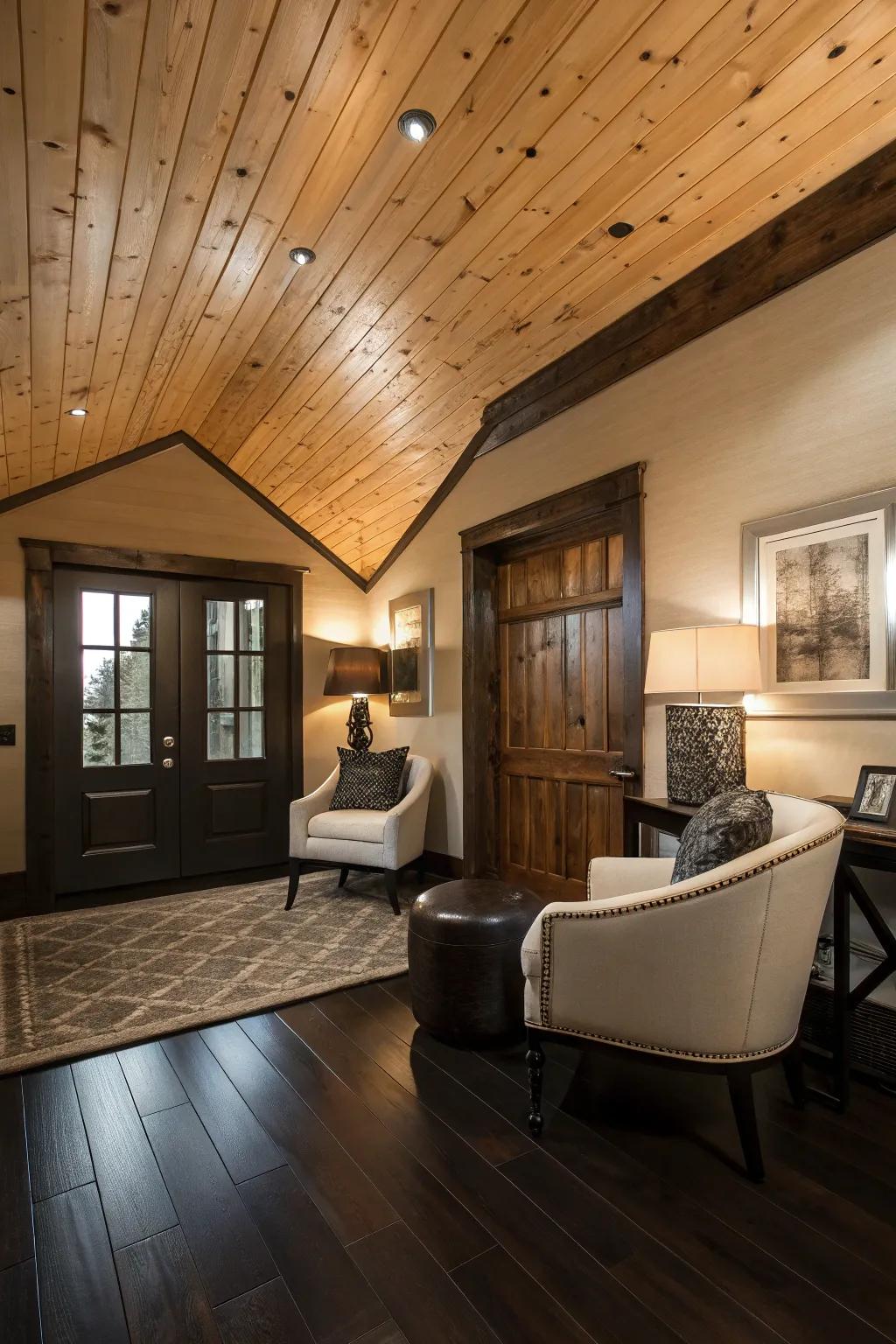 A stylish room where dark floors offer an impressive contrast to the pine clad ceiling.