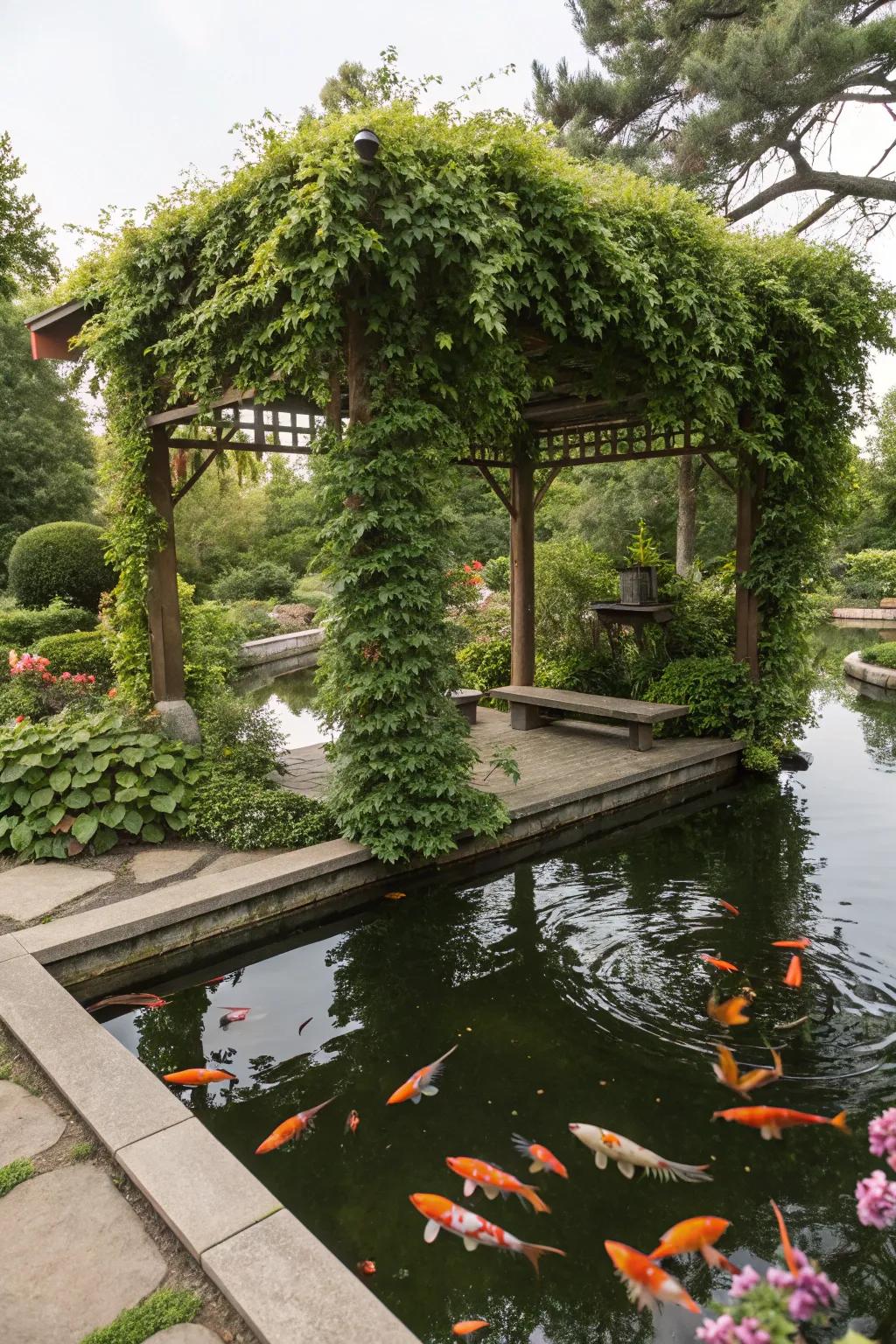 An arbor covered in lush climbing vines shades a koi pond.