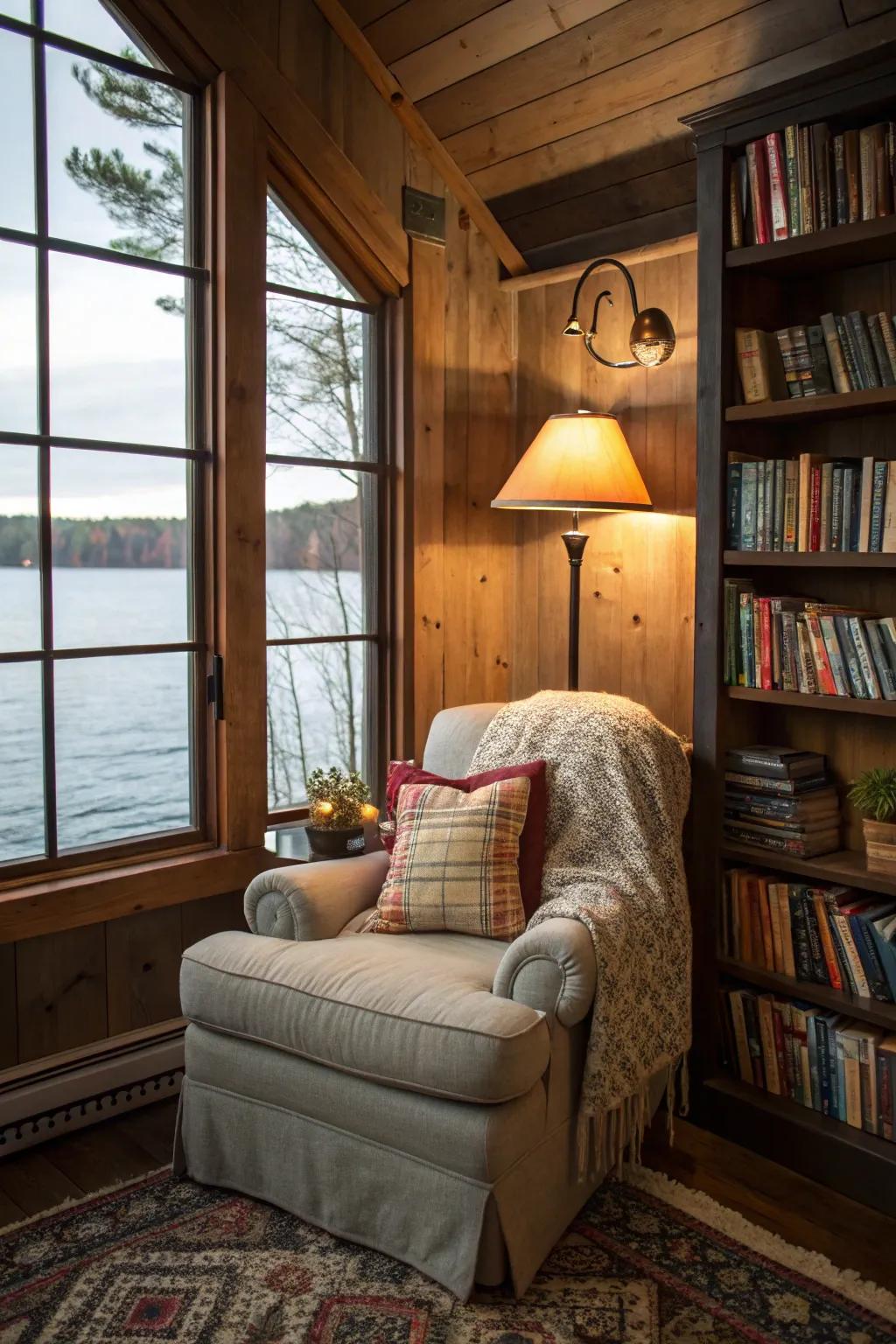 A snug perusing corner proves impeccable for decompressing.