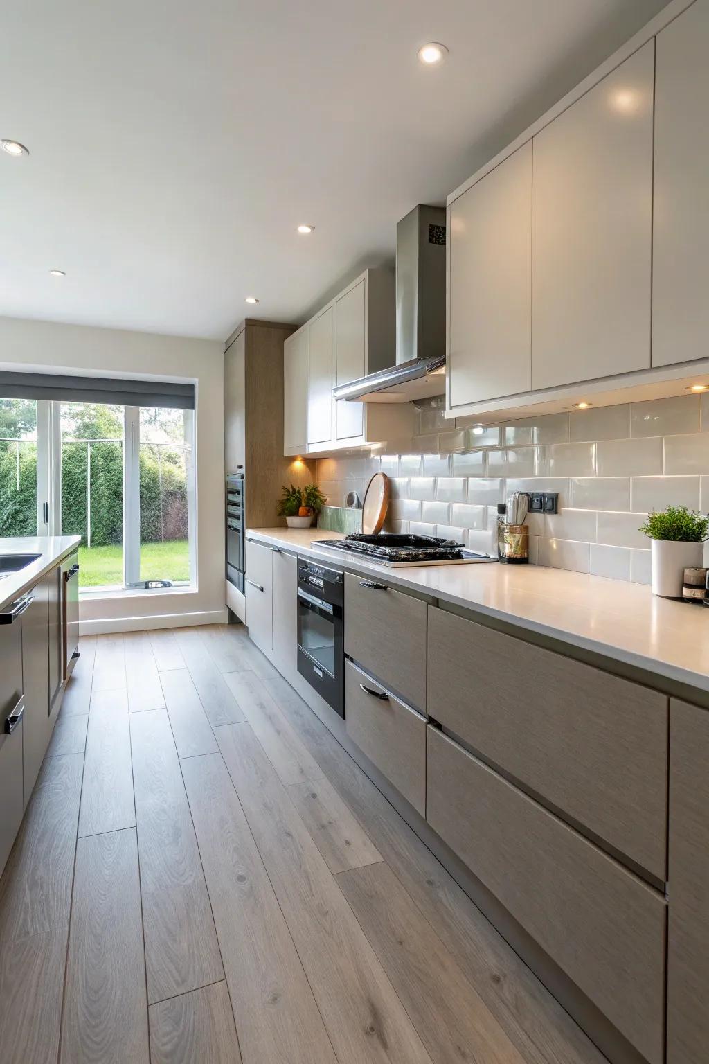 Smooth change from floor to backsplash for harmony in design.