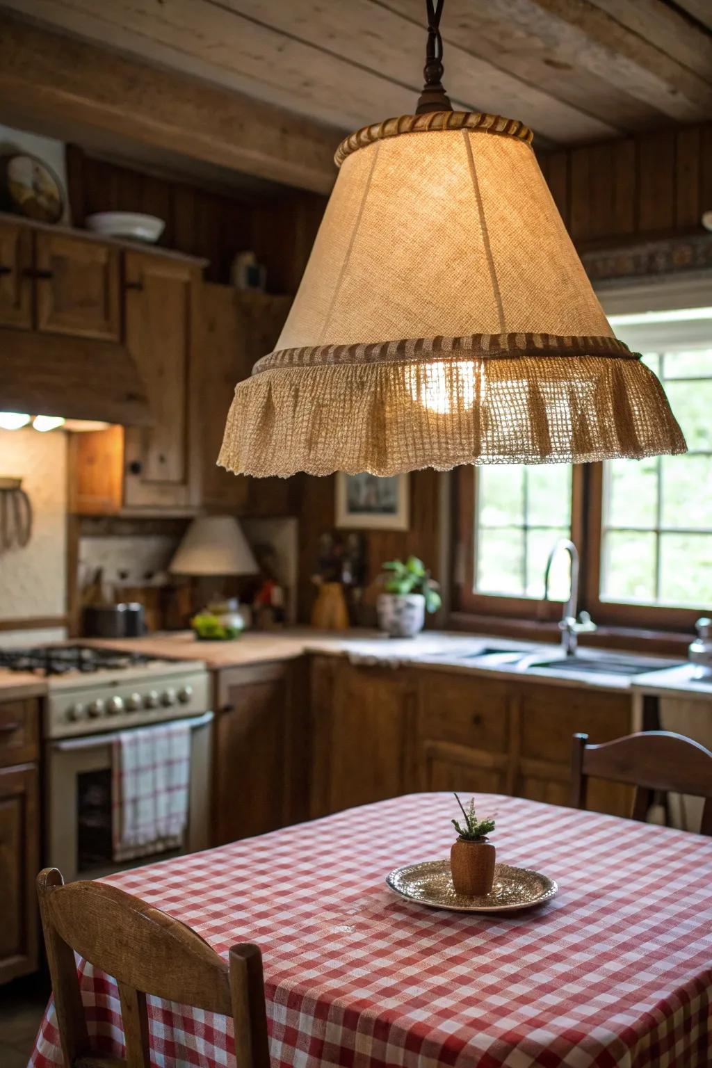 Establish a cozy farmhouse vibe using hessian trim on your lampshade.