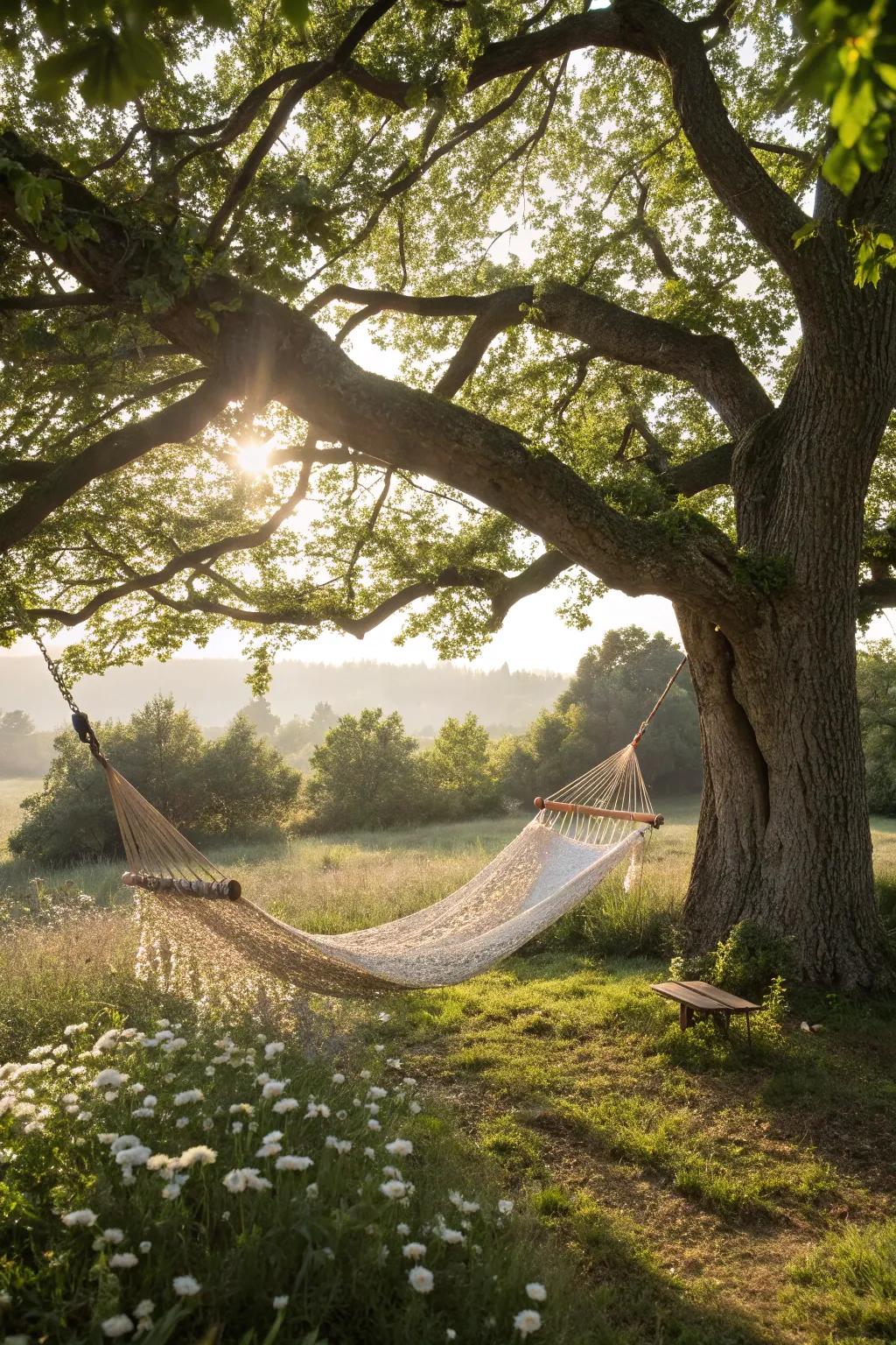 A calm nook under a tree is ideal for relaxation and contemplation.