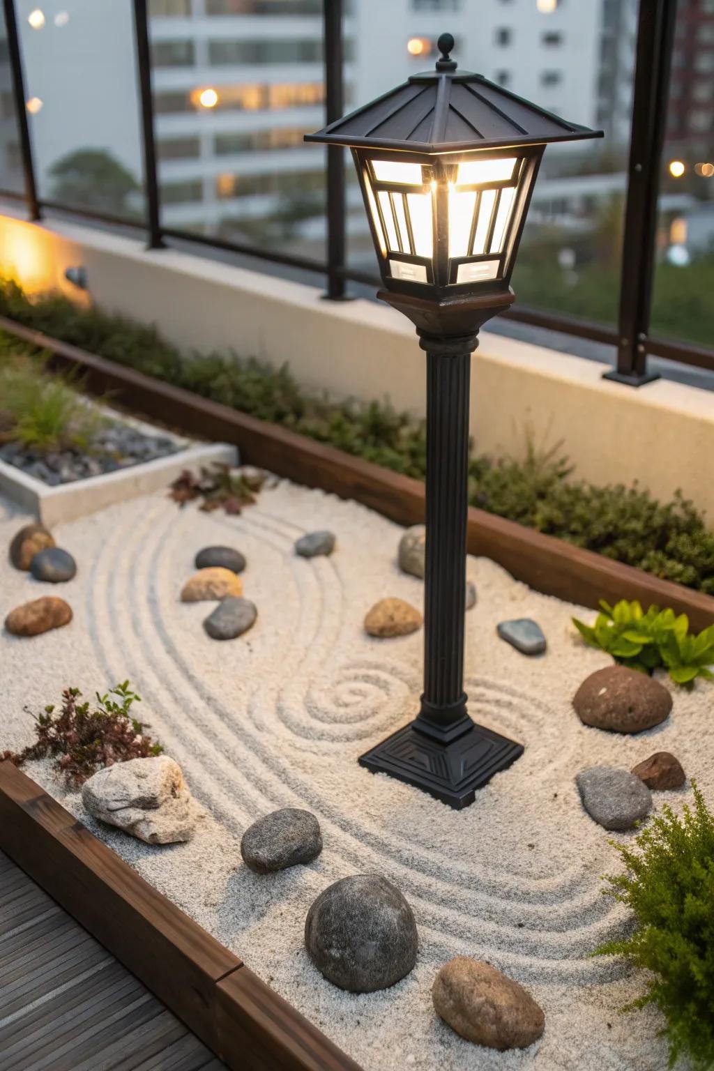 A contemplative garden conveying tranquility to a lamp post precinct.