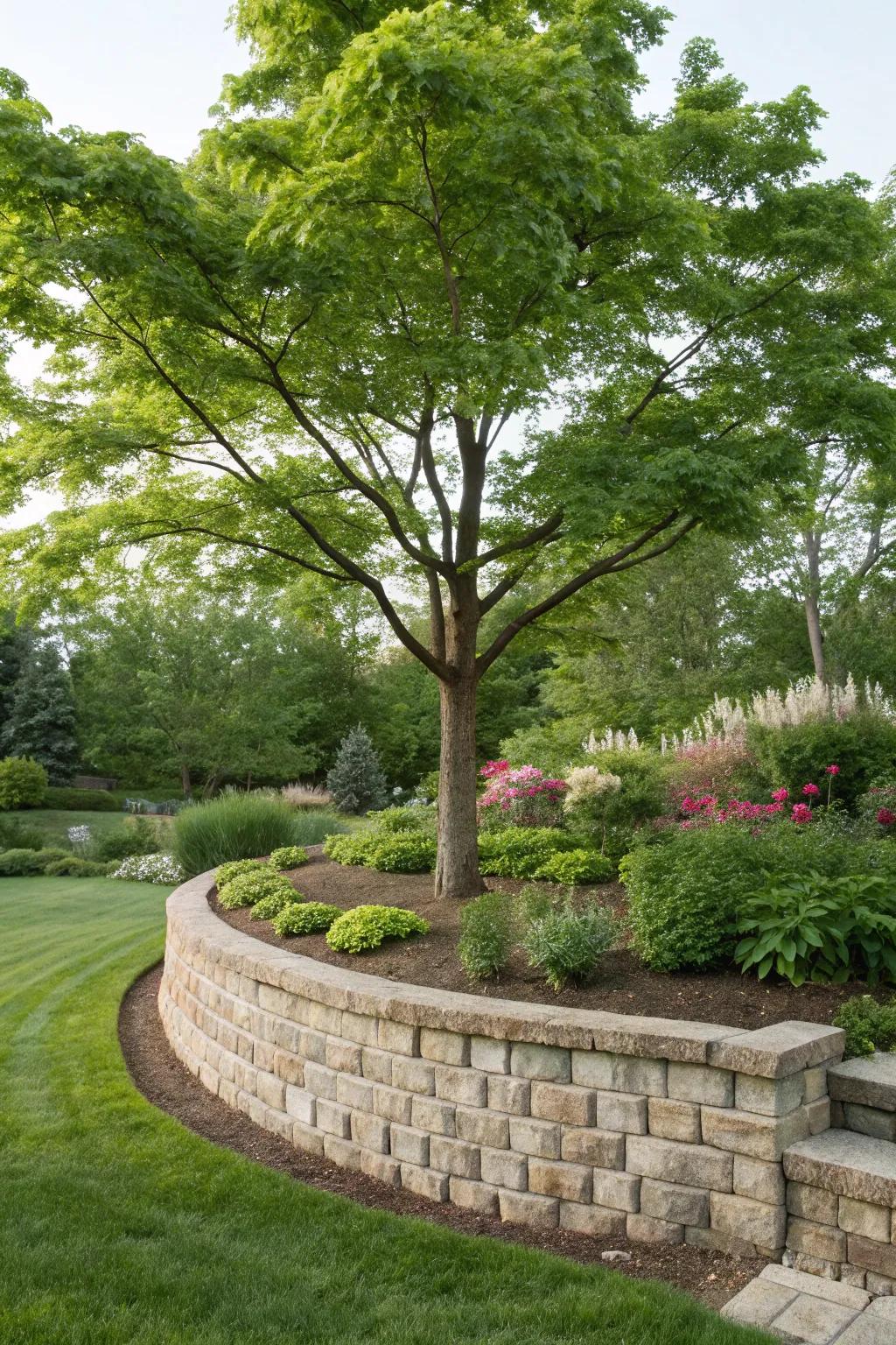 A tree featured via a retaining wall, introducing structure and flair.