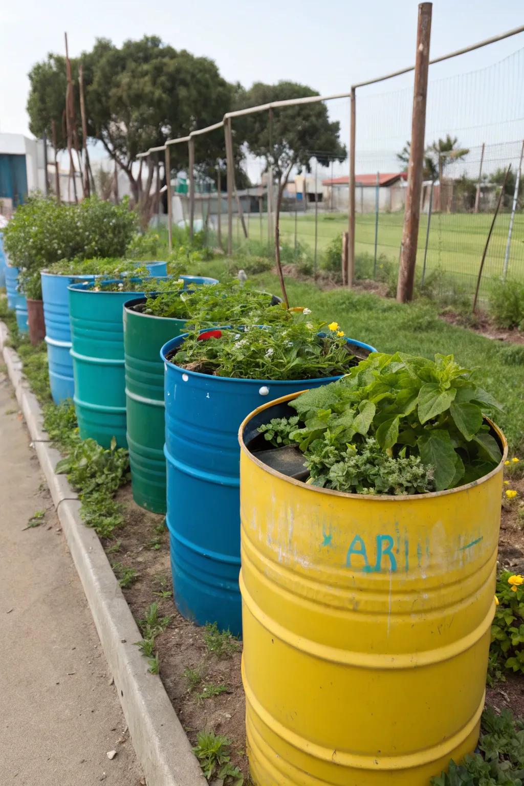 Reclaimed polymer barrels are a functional and vibrant choice for elevated beds.