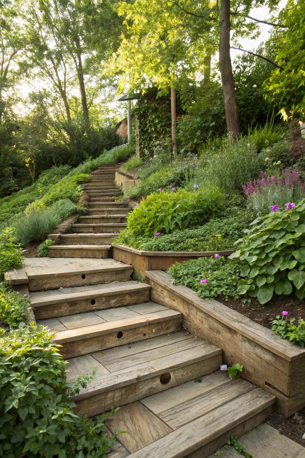 Timber steps provide a graceful ascent on inclines.