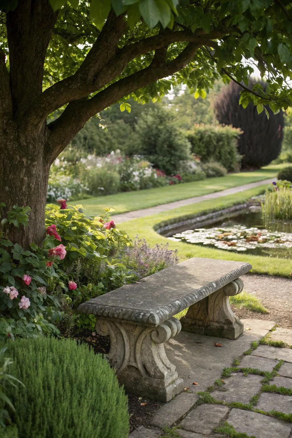 Boulder seating blends style and function for garden relaxation.