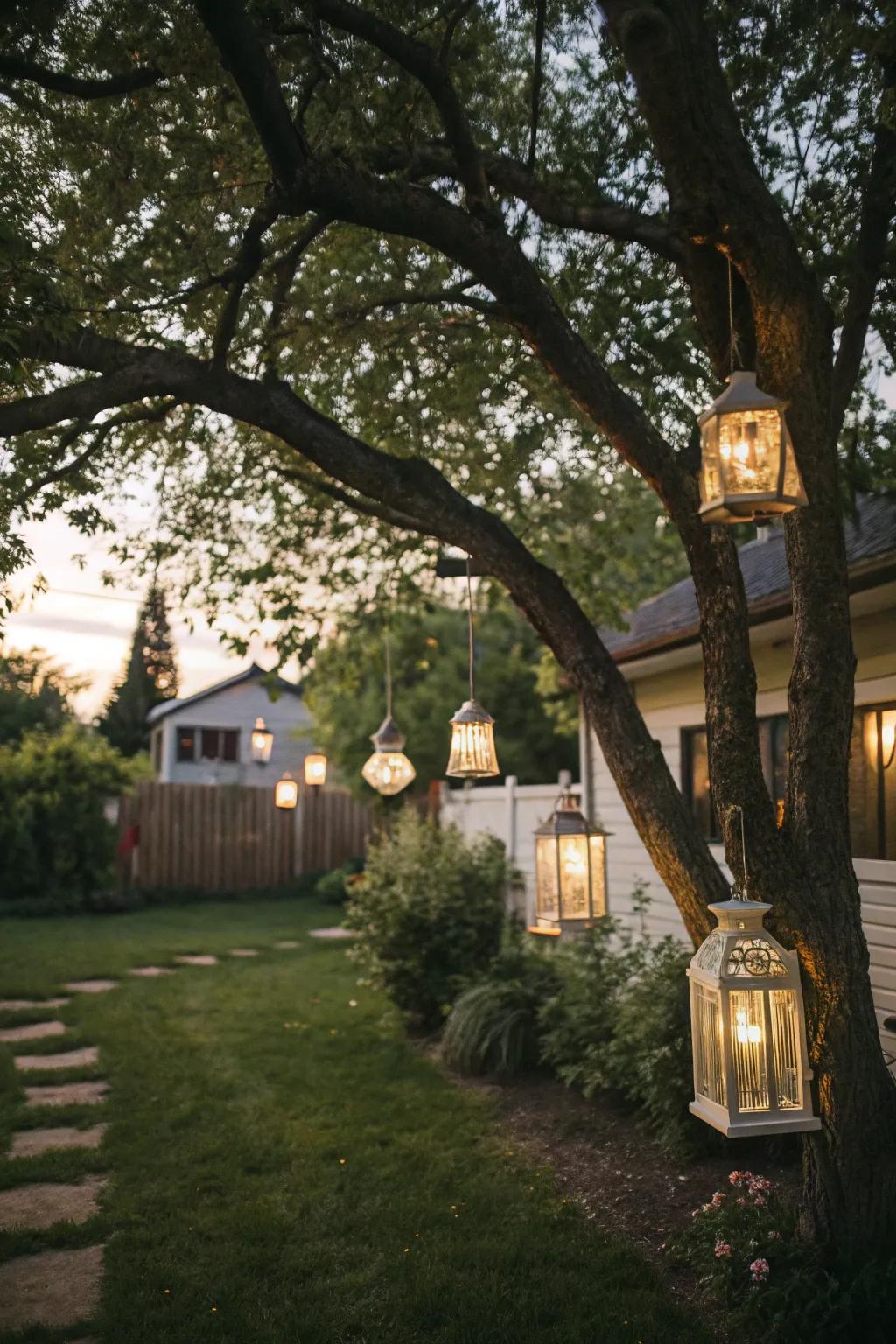 Create a dramatic outdoor display with hanging lanterns.