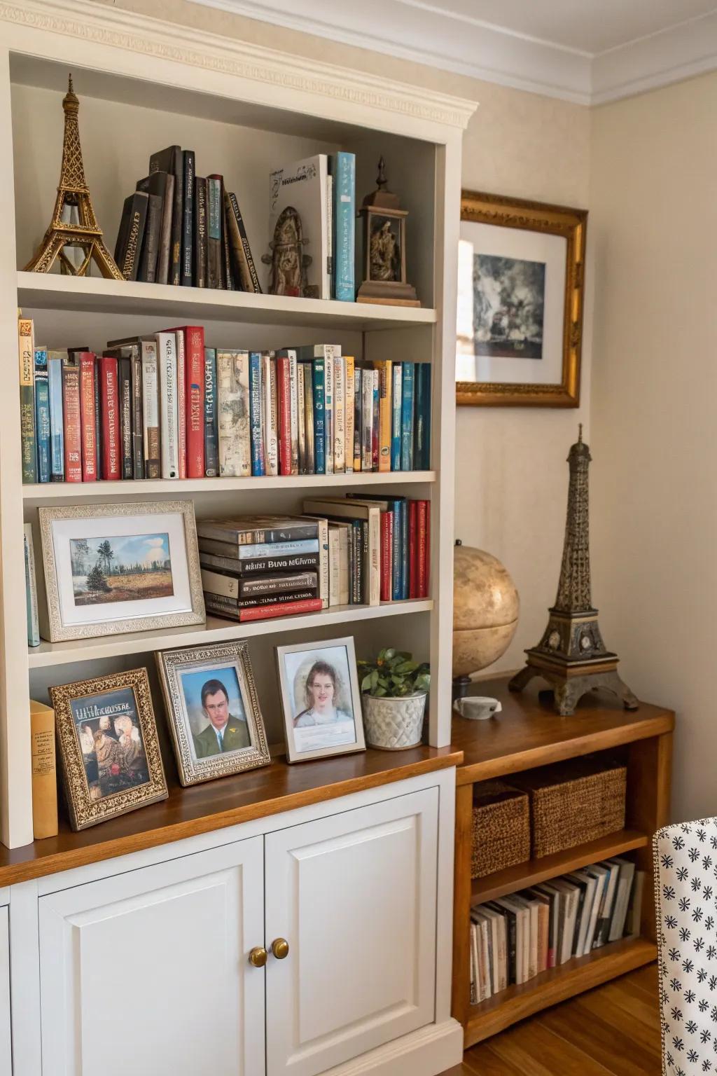 Personal items infuse this bookshelf with stories and character.