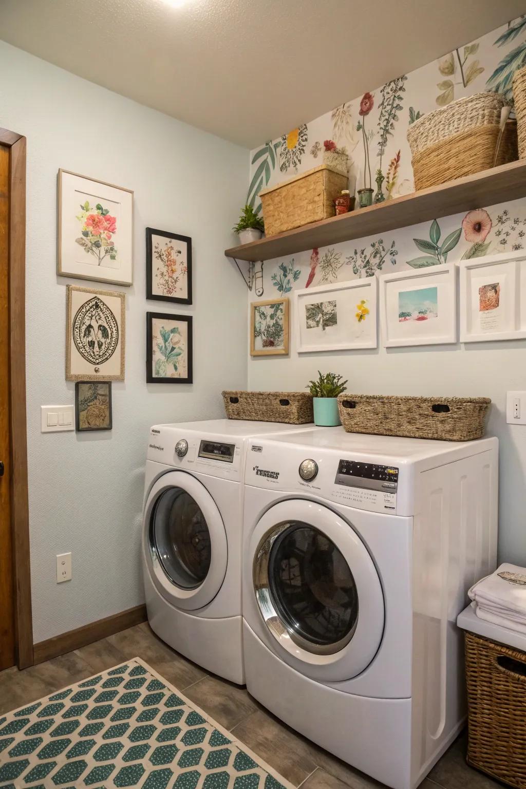 Artistic wall decor imparts personality to your washing space.
