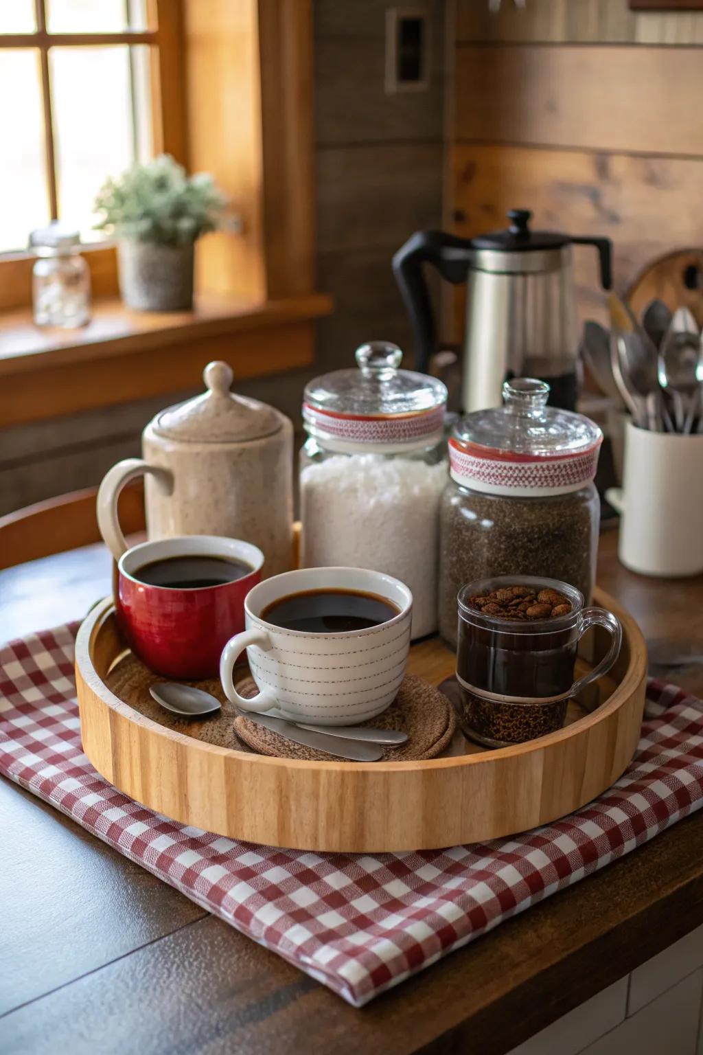 A snug and organized coffee corner showcasing a lazy Susan.