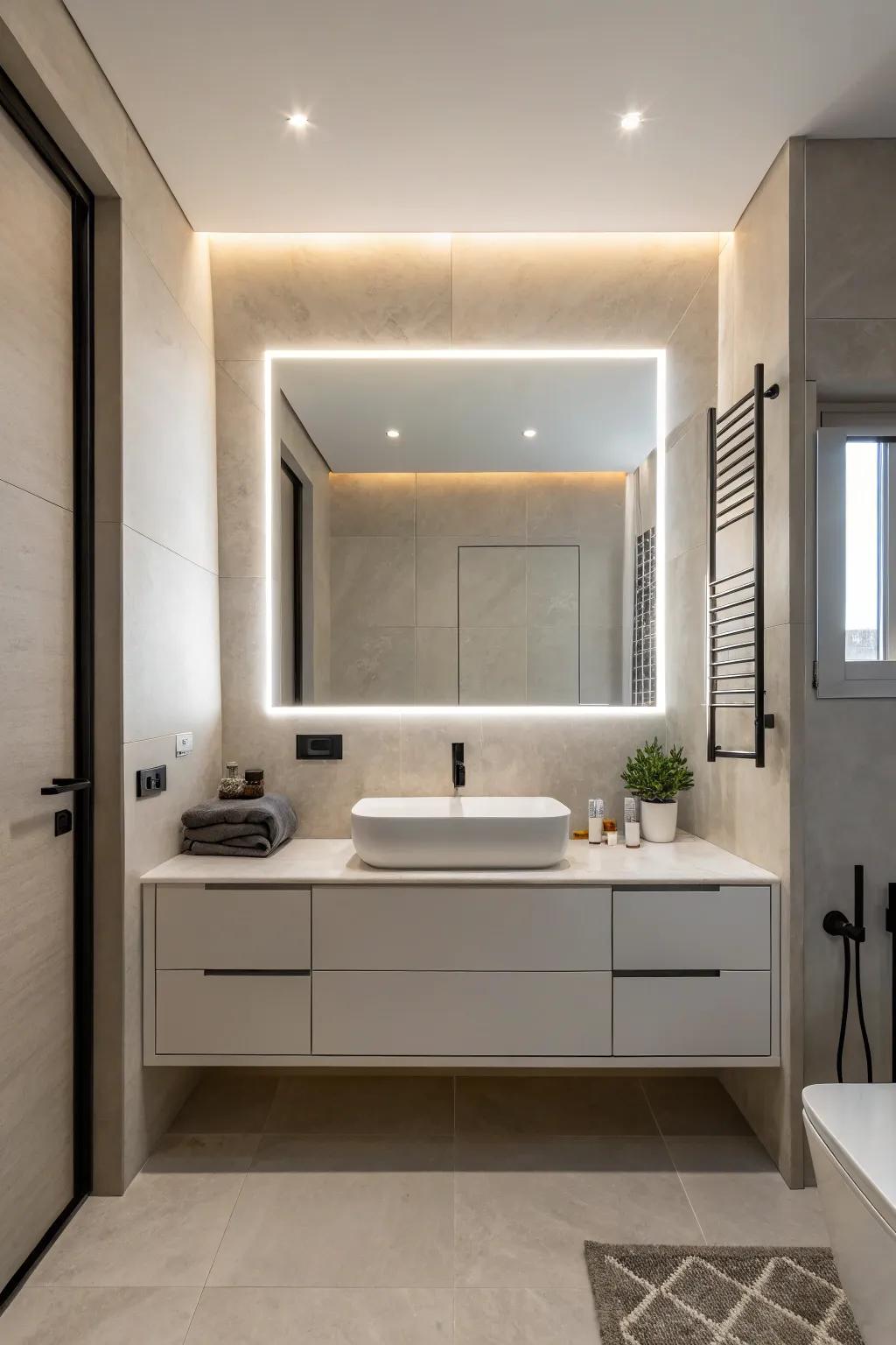 A minimalist washroom featuring an unframed illuminated reflection that underscores simplicity.