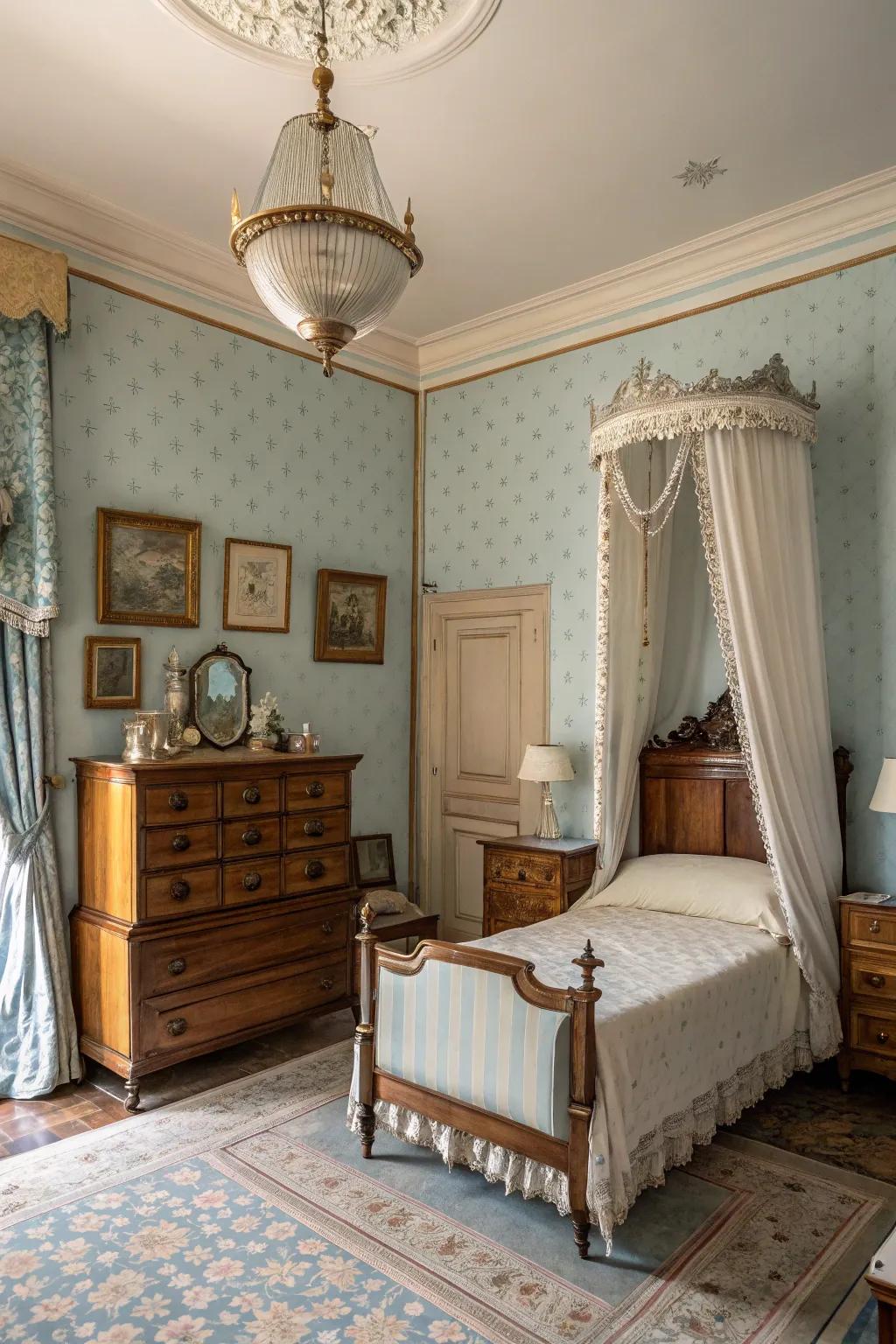A vintage bedroom features light blue walls and antique furniture for a nostalgic feel.