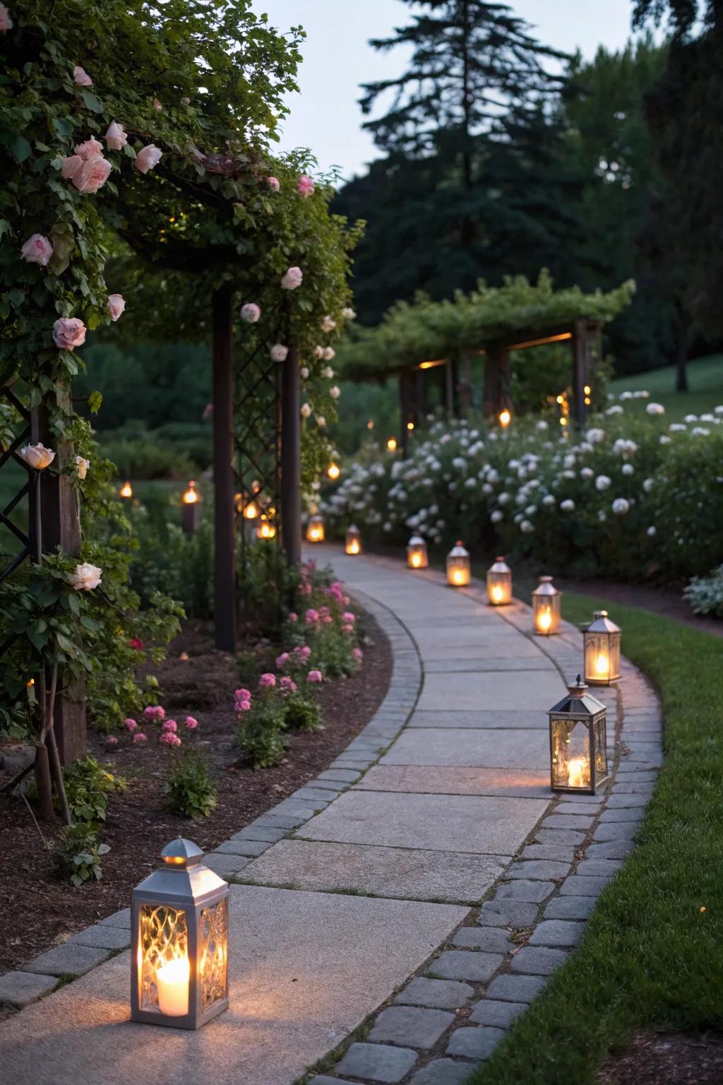 Elegant garden pathways illuminated by soft lighting.