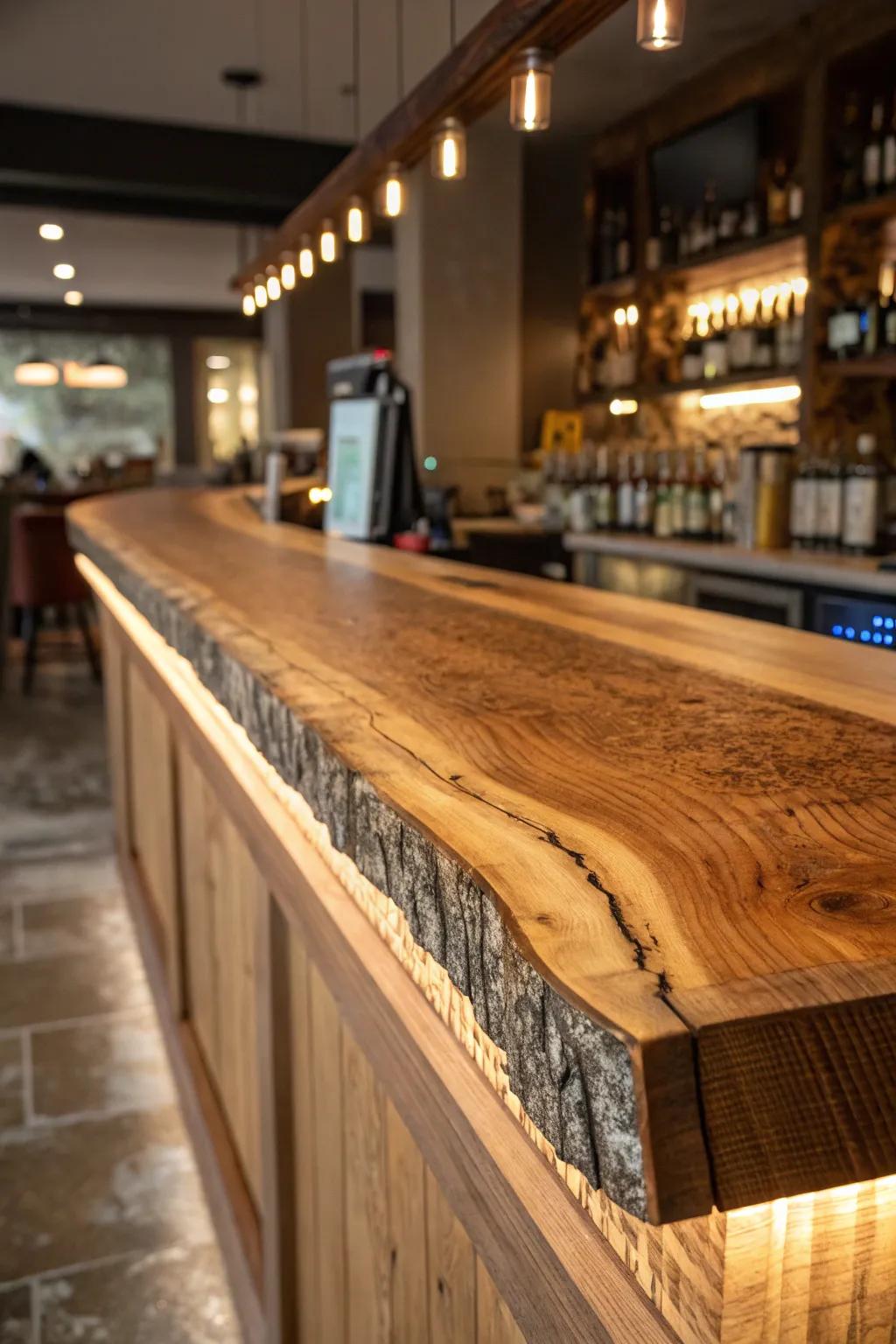 A focused perspective of a live edge bar with a highlighted edge, showcasing its organic beauty.