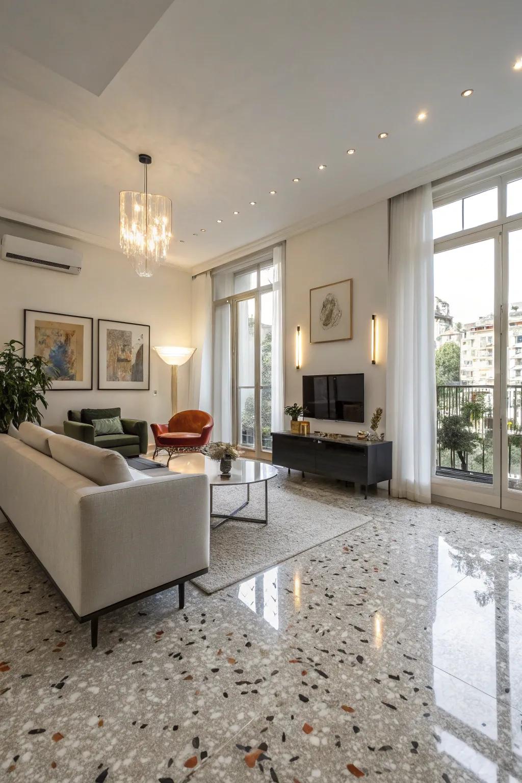 Terrazzo flooring delivers a bold, artistic statement for contemporary living spaces.
