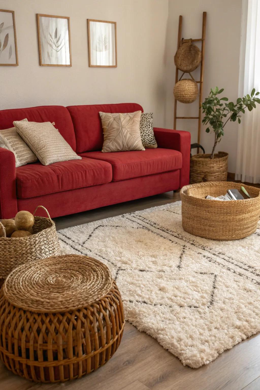 Textured materials give depth and intrigue, balancing the elegant appearance of a crimson sofa.