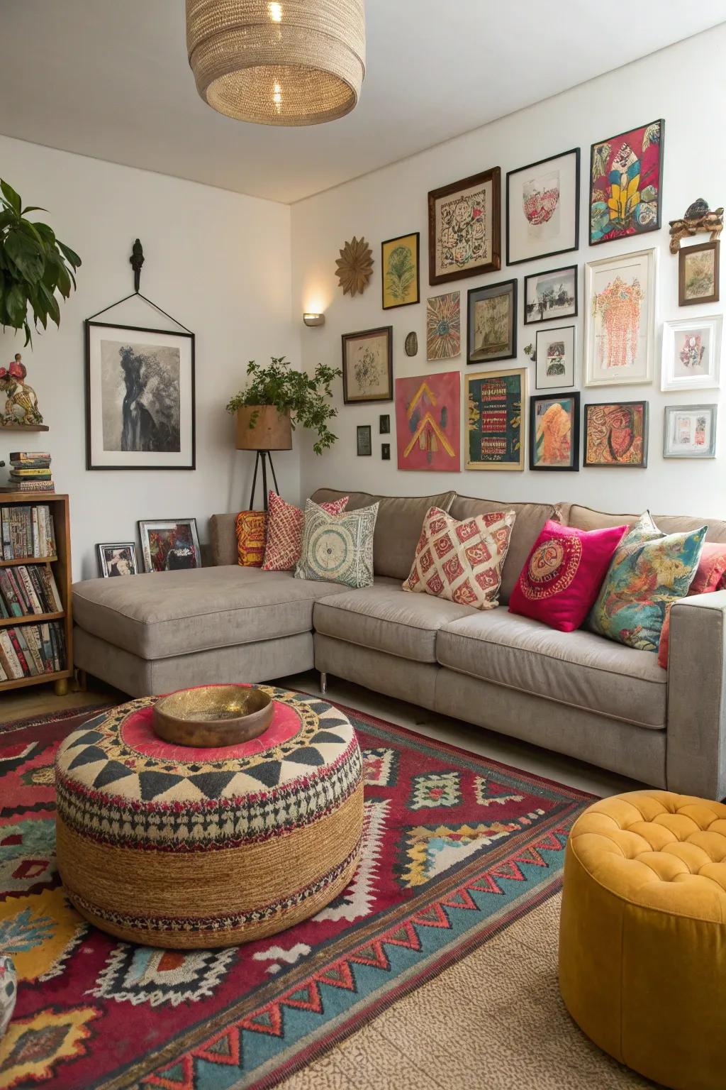 Eclectic decor around a sectional showcases a unique personal style.