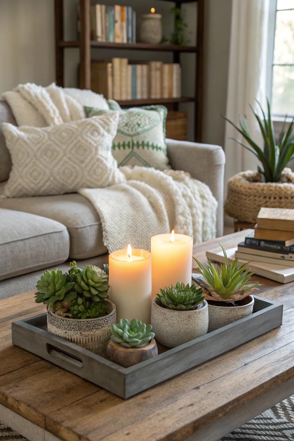 A fleshy plant and wax light centerpiece on a coffee table.