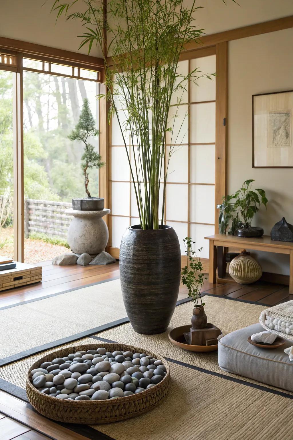 Zen displays showcasing bamboo and stones usher tranquility into a living room corner.