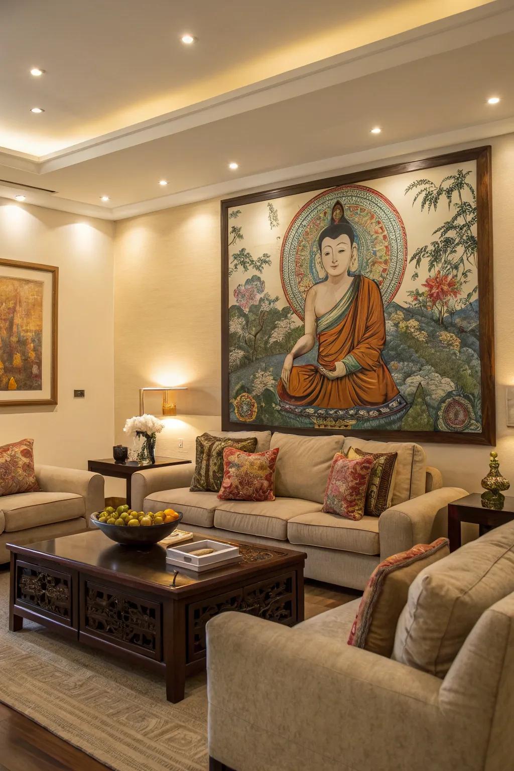 A lounge enhanced by a unique art piece serving as the focal point.