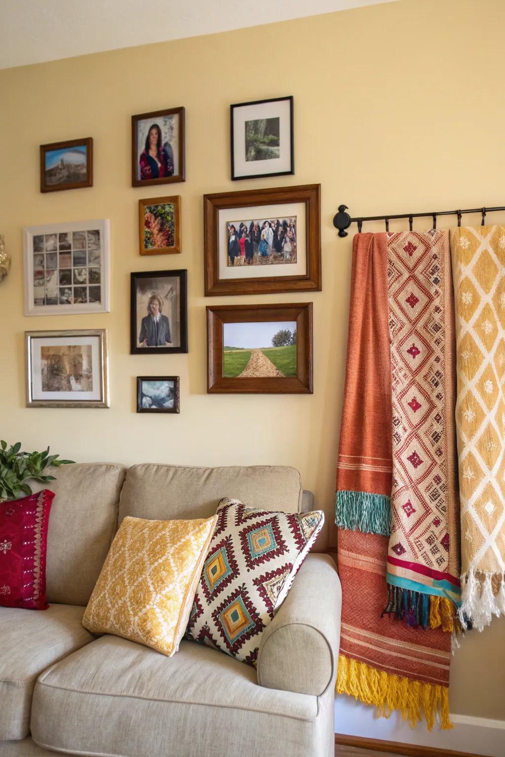 Incorporate textiles for a warm and textured photograph arrangement.