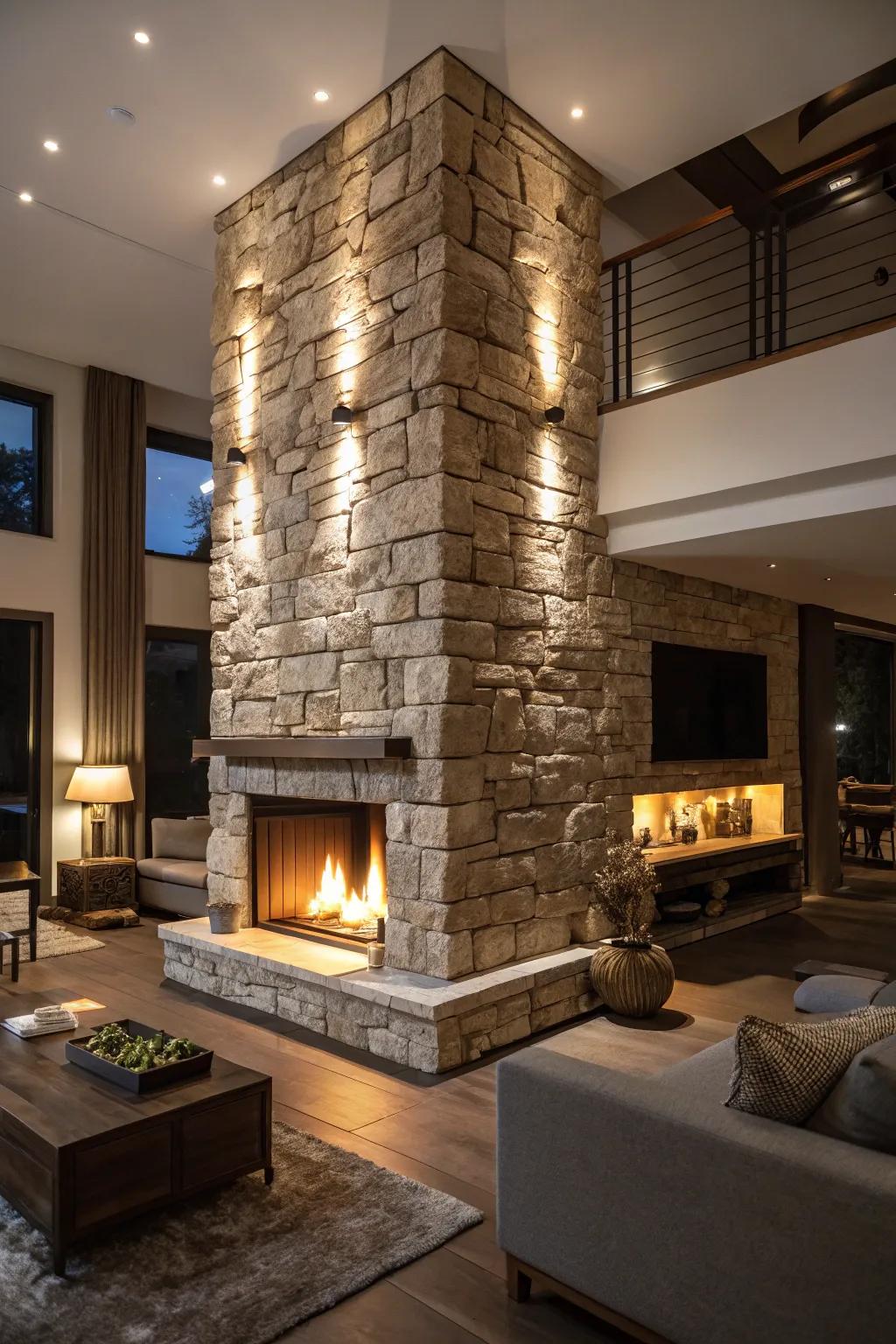 Theatrical illumination reveals the unique textures of your stone fireplace.
