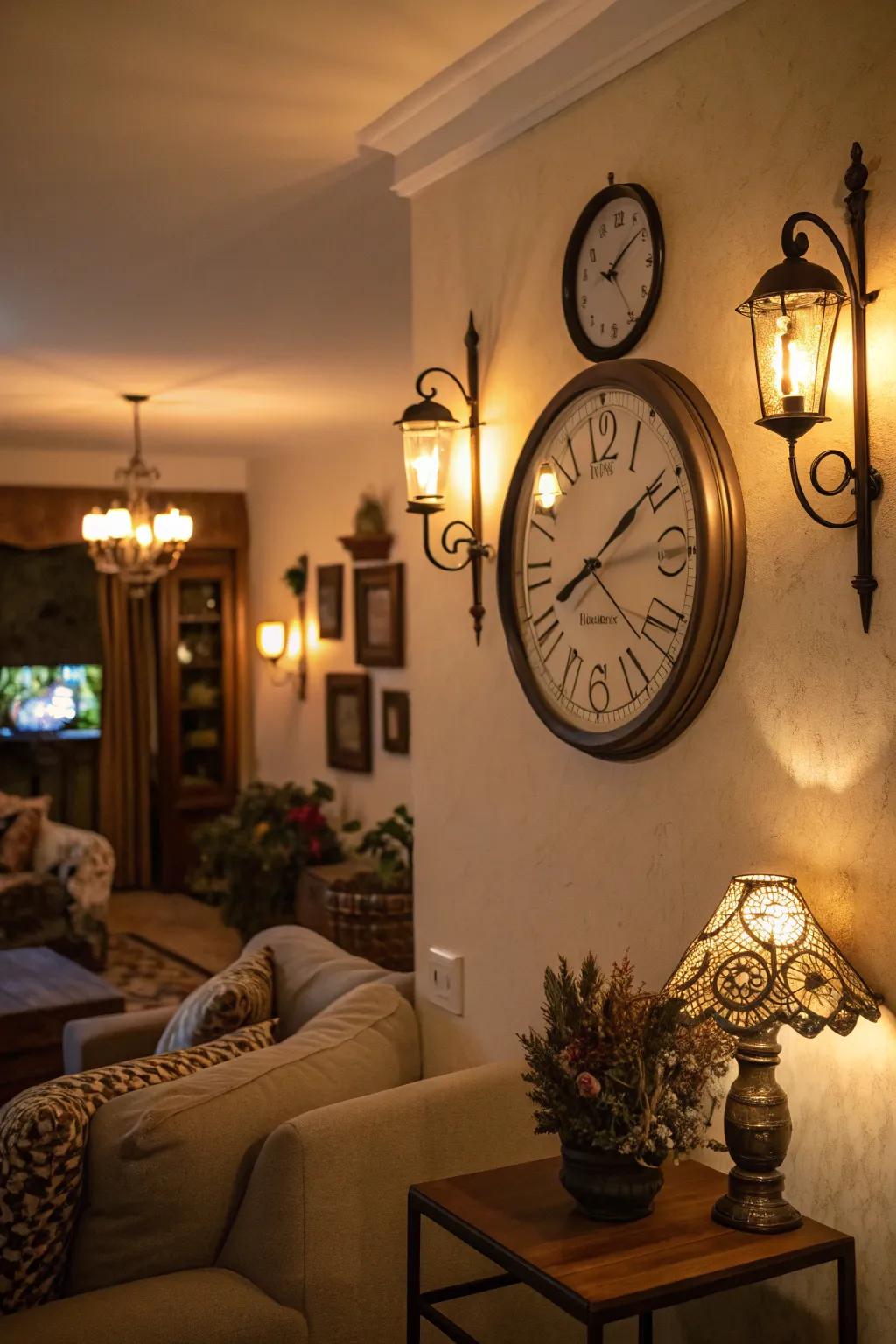 Illumination accentuates the wall clock and design a cozy ambiance.