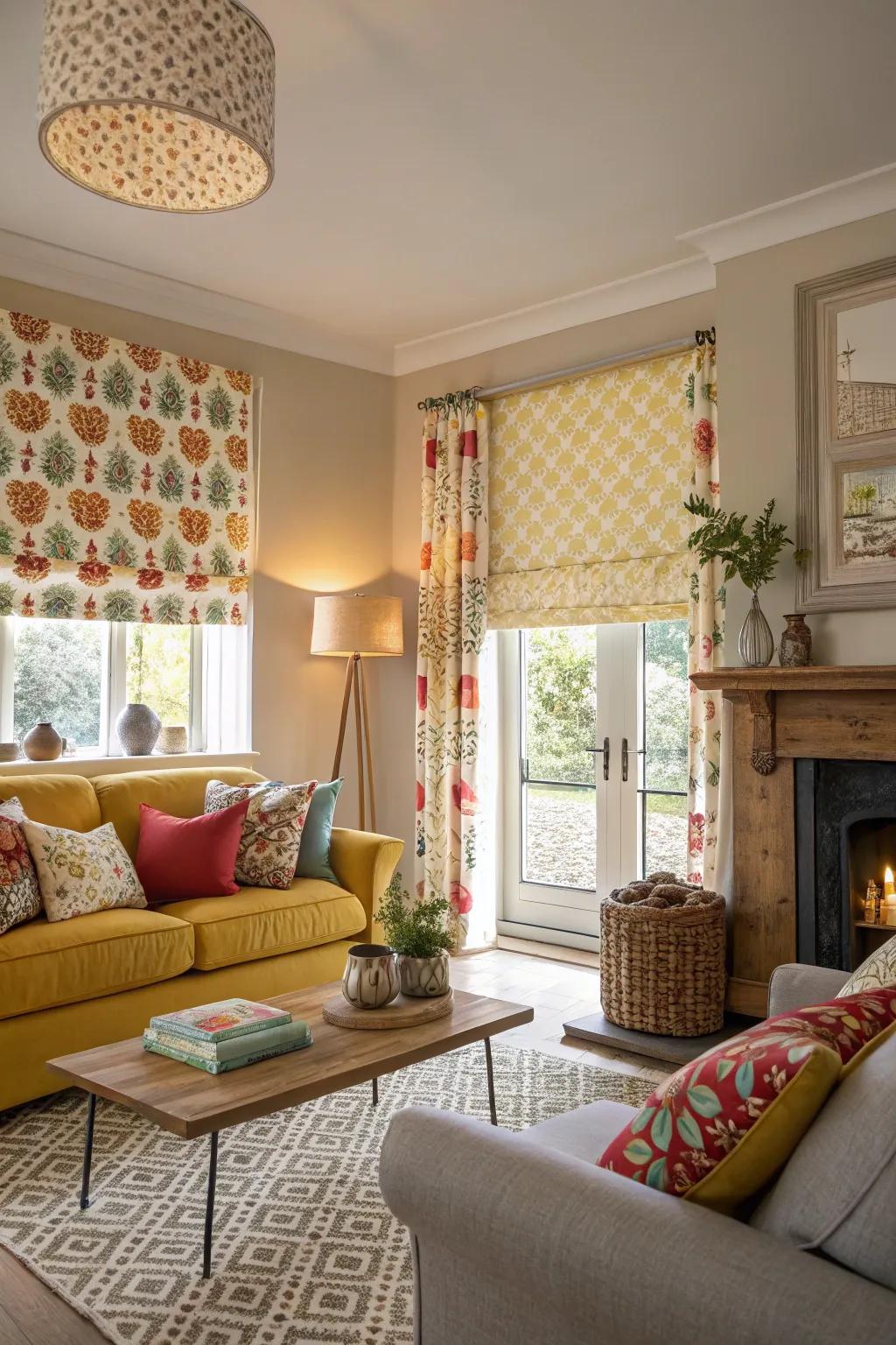 Bold patterned shades create a lively statement in the living area.