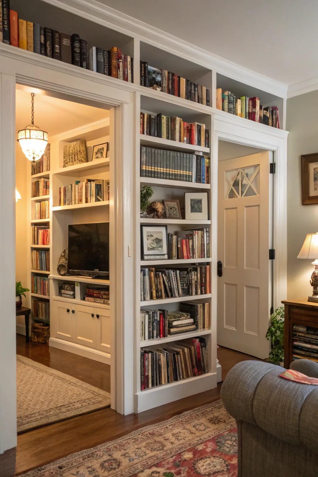 Framing a doorway with shelves adds sophistication and maximizes space.
