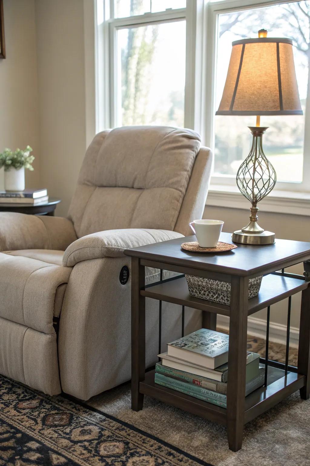A practical and fashionable arrangement with a recliner and side table.
