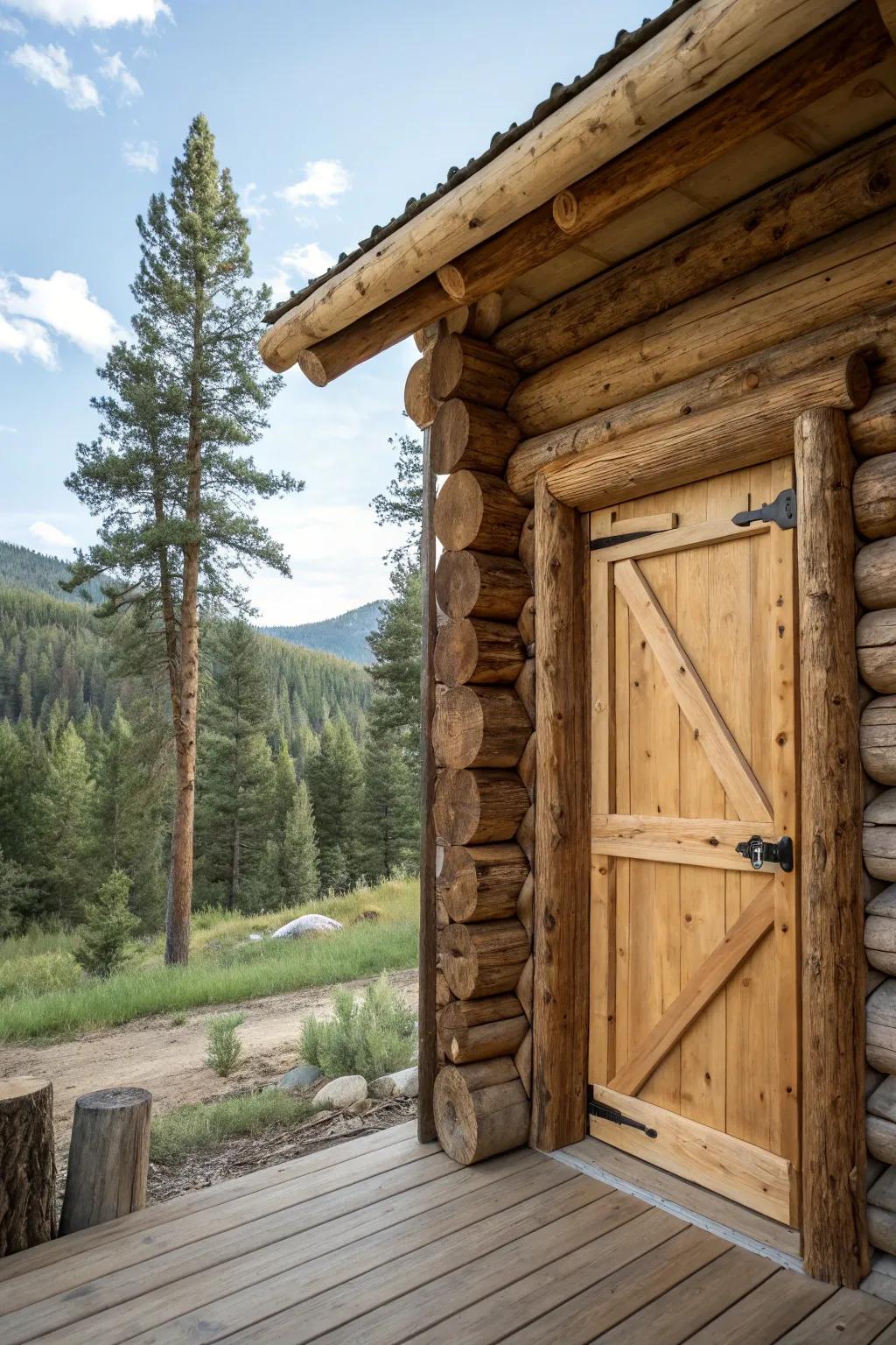 An eco-friendly log cabin door made from sustainable resources.